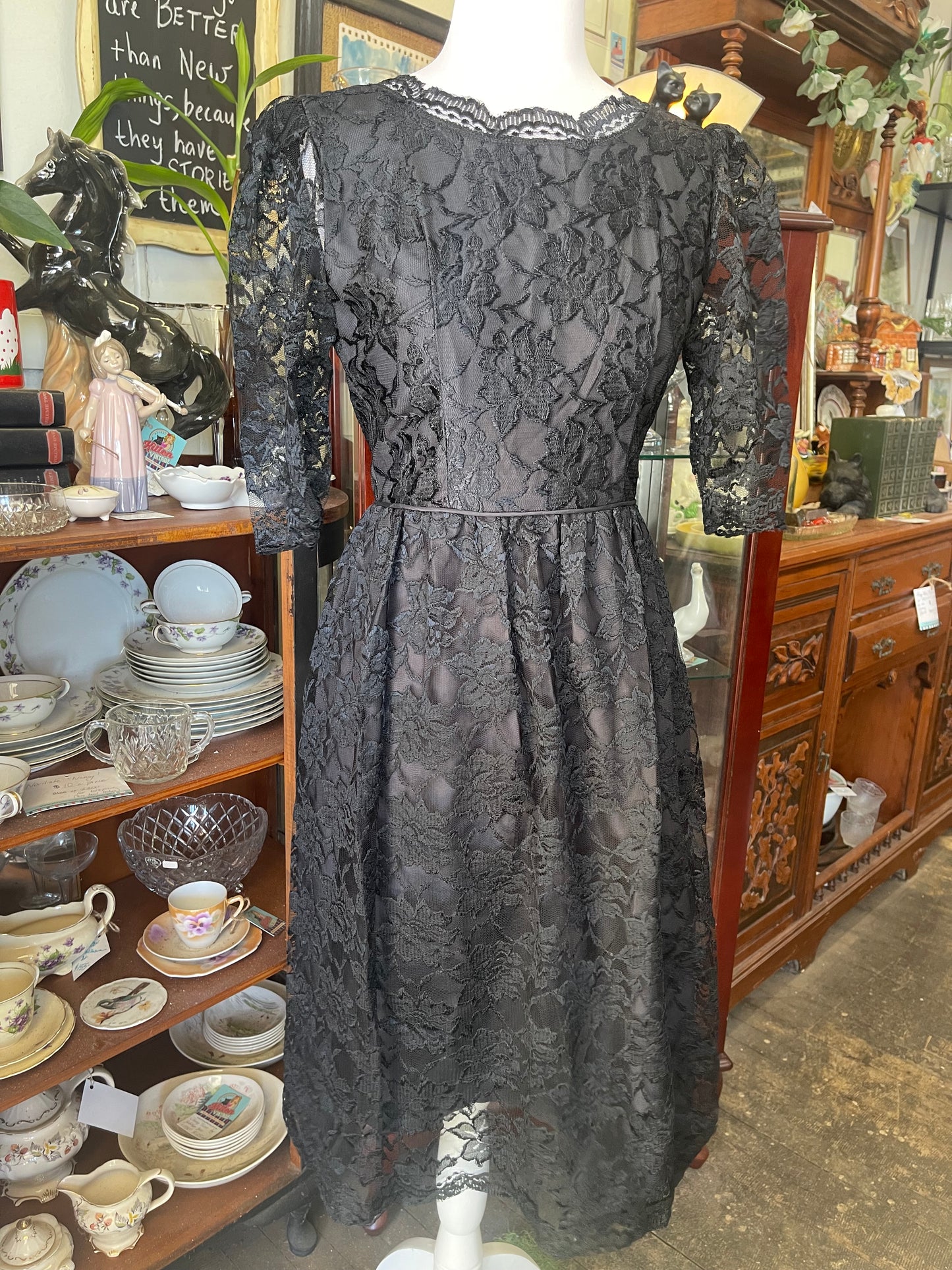 Vintage 1980s Black Lace Cocktail Dress – Size 8