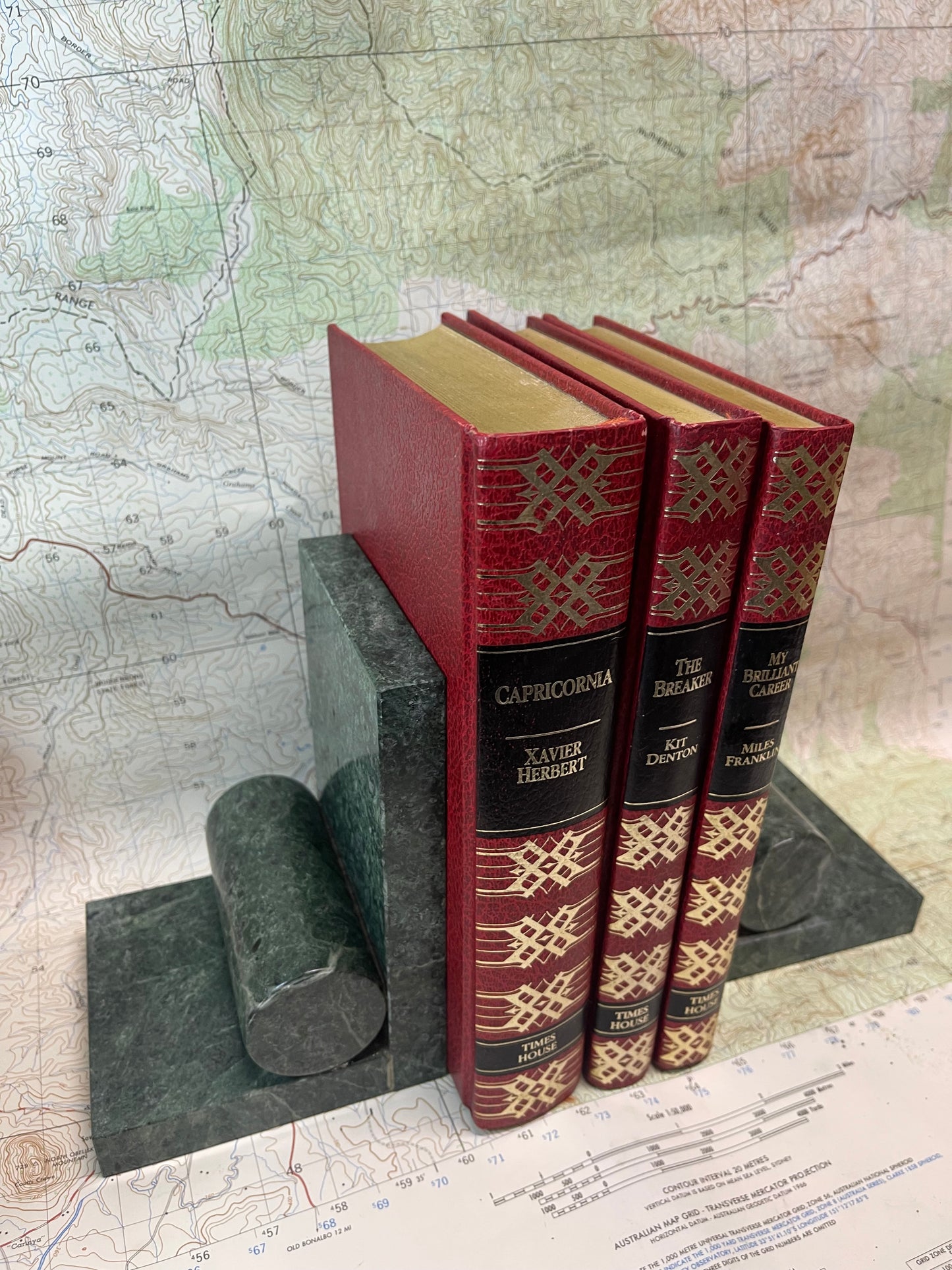 Vintage Green Marble Bookends – Modernist Geometric Design
