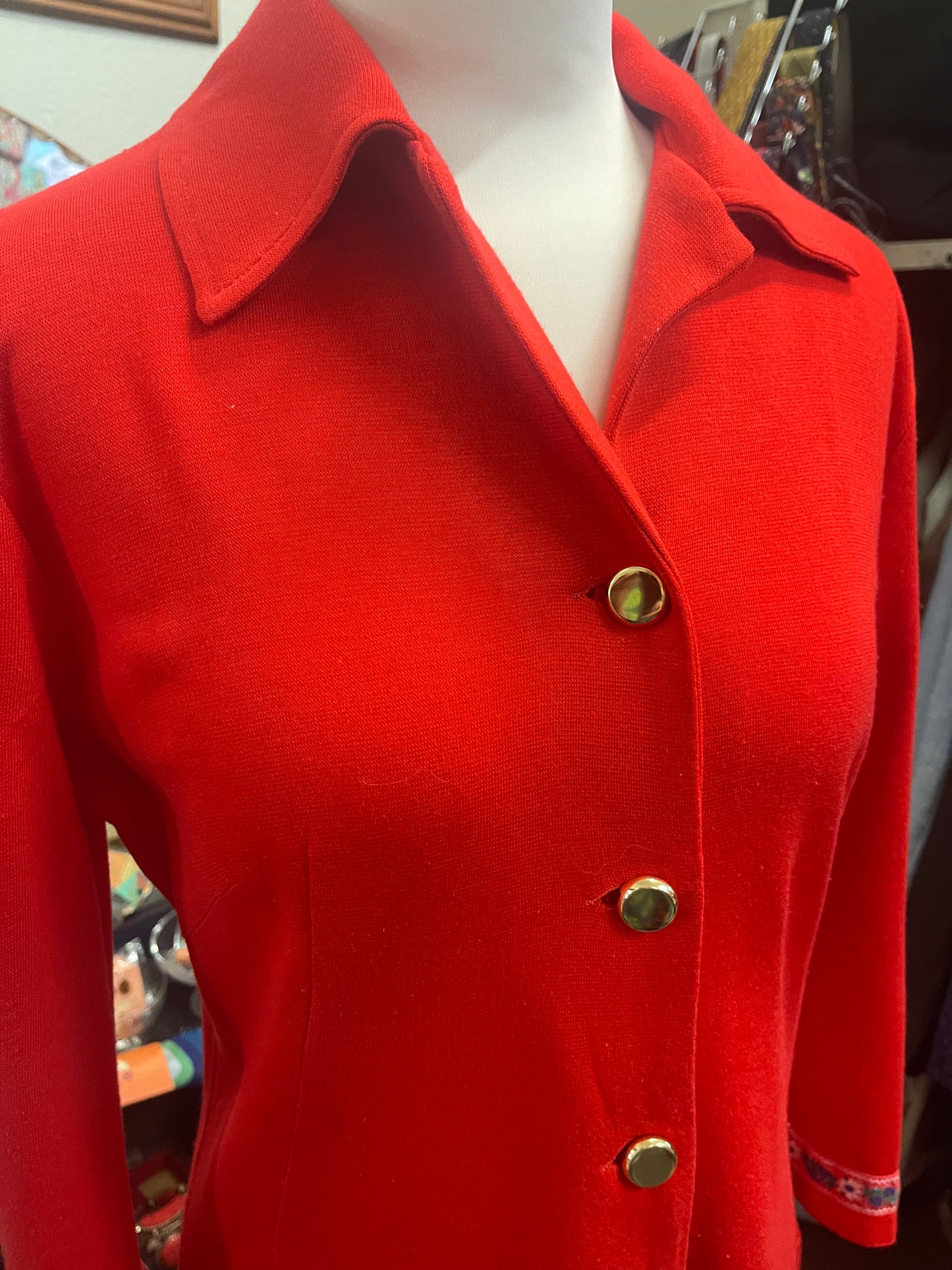 Vintage 70s red wool jersey shirt waist dress, size 10-12
