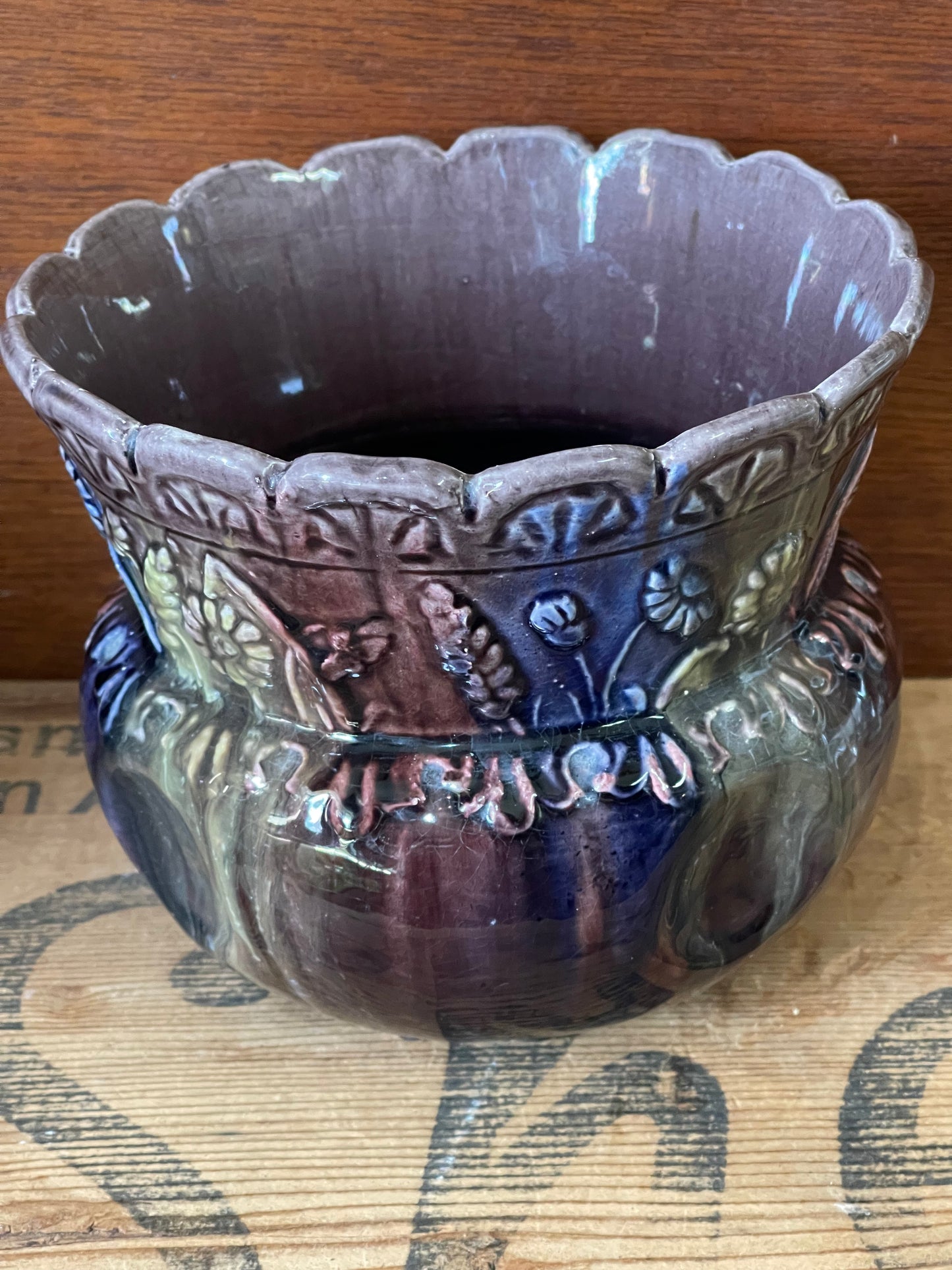 Vintage Majolica 1920s Jardiniere Art Nouveau Pottery Purple Daisy Planter