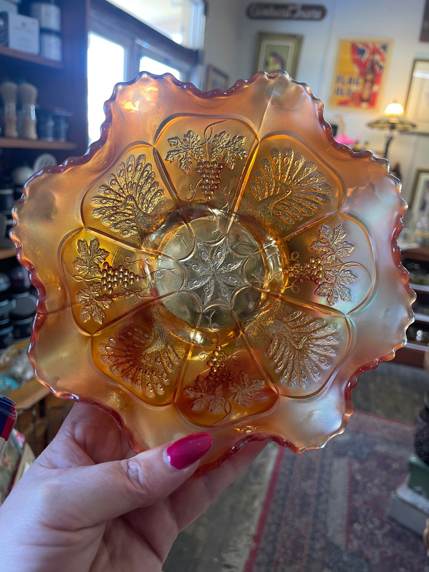 Fenton Peacock & Grape Carnival Glass Sawtooth Edge Bowl