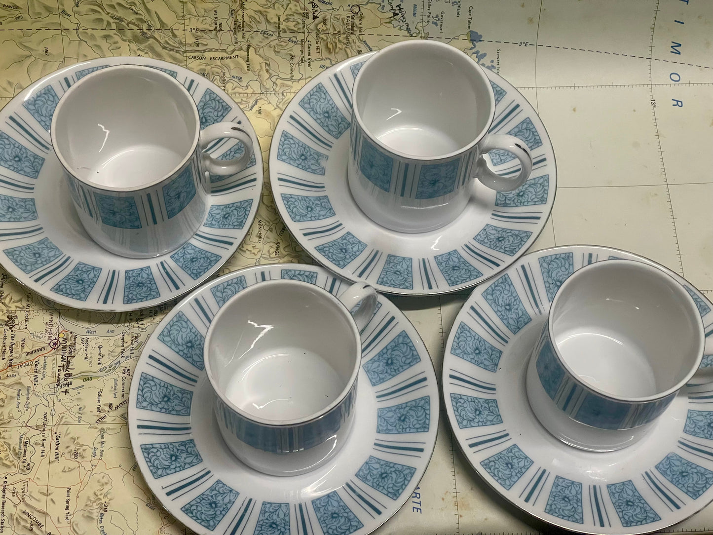 Blue Pattern Espresso Cups & Saucers — Set of 4 (1980s)