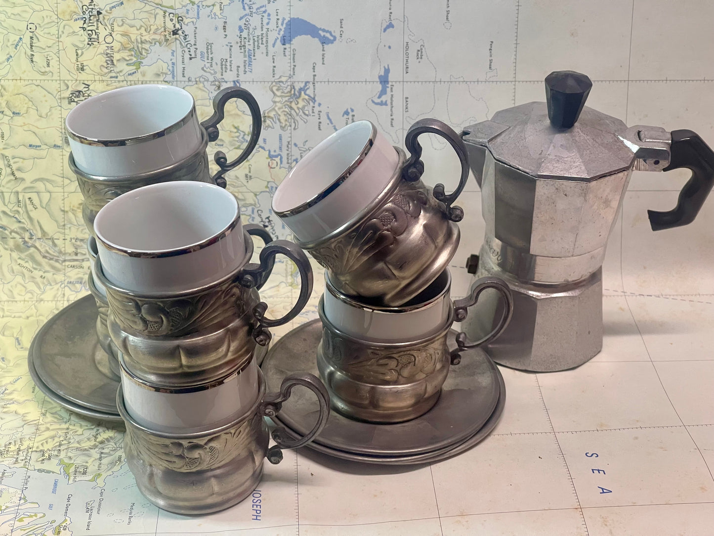 Vintage Rosenthal Demitasse Set with Pewter Holders — Set of Six (c.1950s–70s)