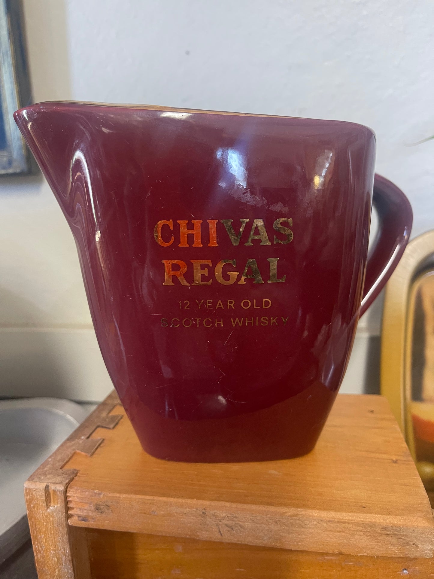 Vintage 80s Chivas Regal Whisky Water Jug maroon Wade Green Stamp