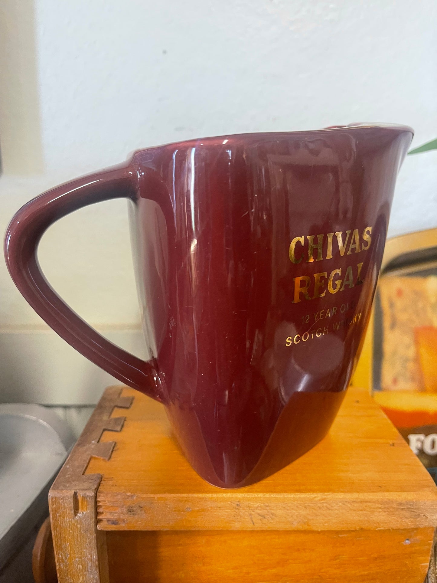 Vintage 80s Chivas Regal Whisky Water Jug maroon Wade Green Stamp