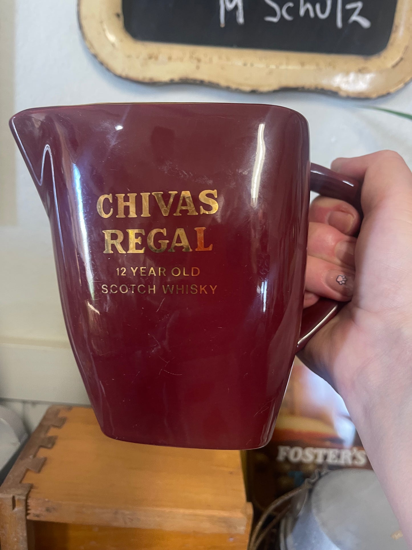 Vintage 80s Chivas Regal Whisky Water Jug maroon Wade Green Stamp