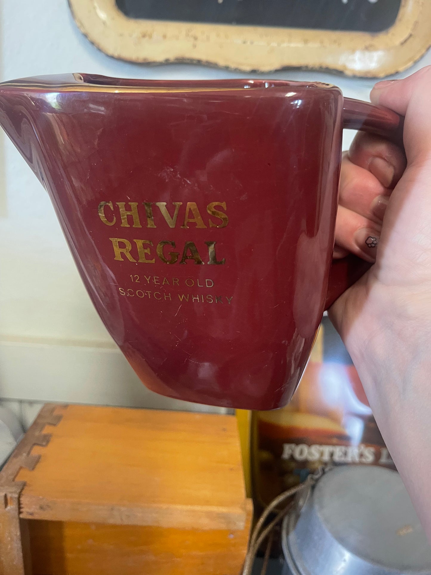 Vintage 80s Chivas Regal Whisky Water Jug maroon Wade Green Stamp