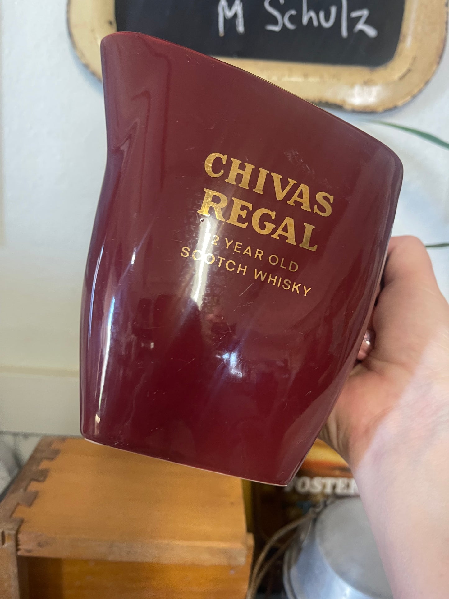 Vintage 80s Chivas Regal Whisky Water Jug maroon Wade Green Stamp