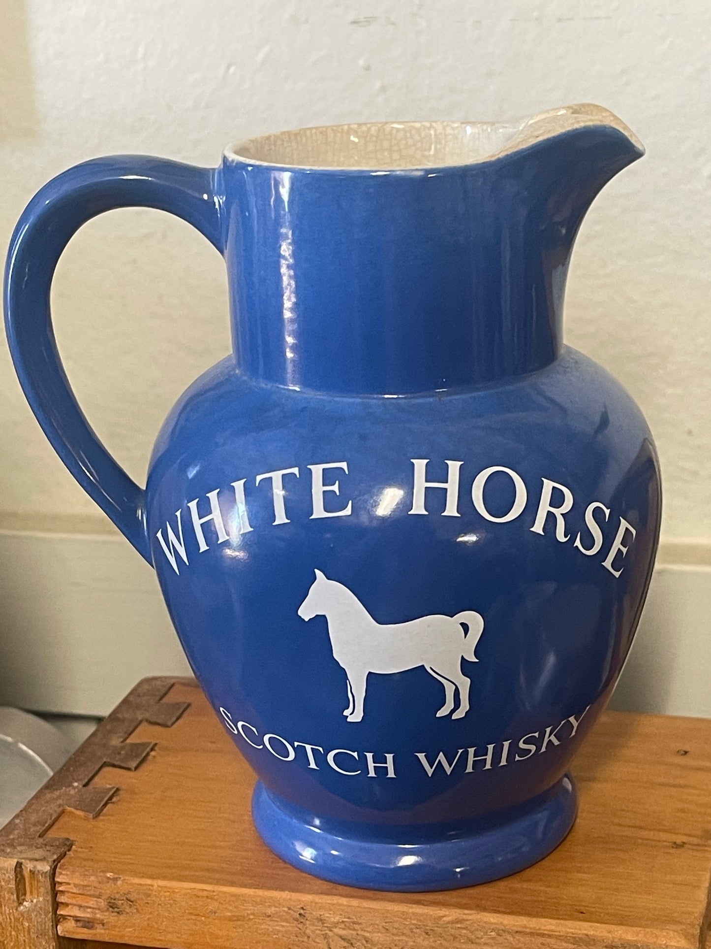 Vintage White Horse Scotch Whiskey Blue Water Jug