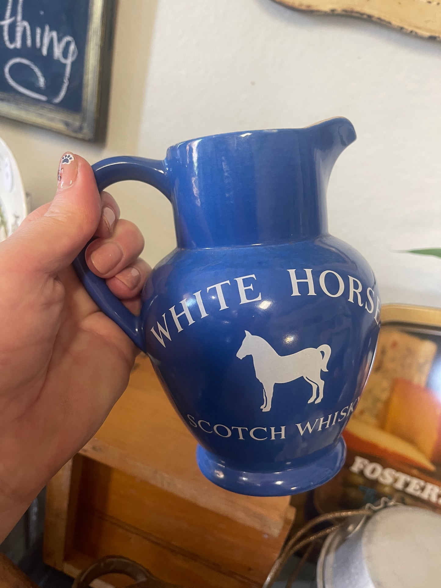 Vintage White Horse Scotch Whiskey Blue Water Jug