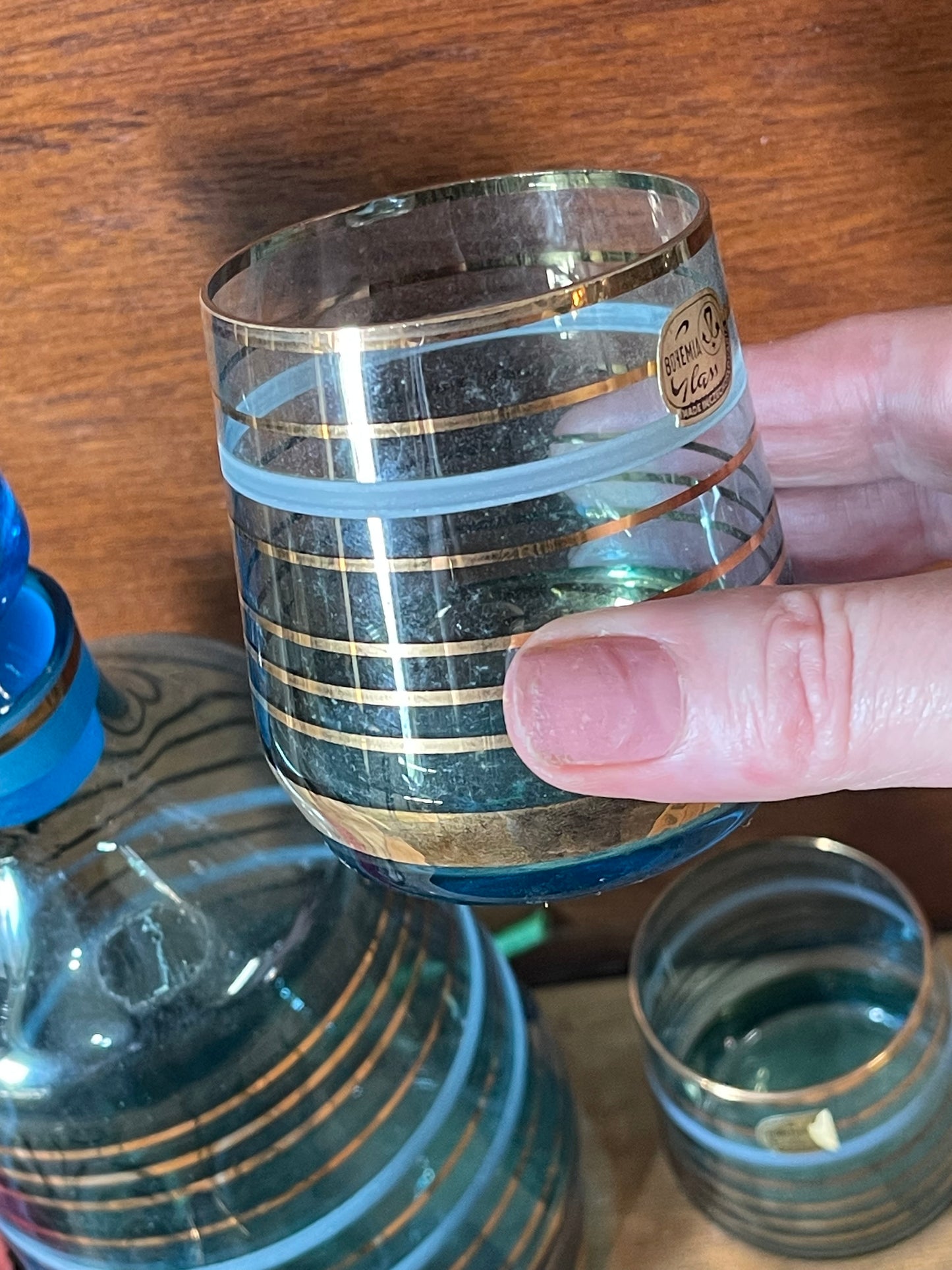 Vintage 1950s Bohemian Striped Blue and Gold Glass decanter and four Glasses
