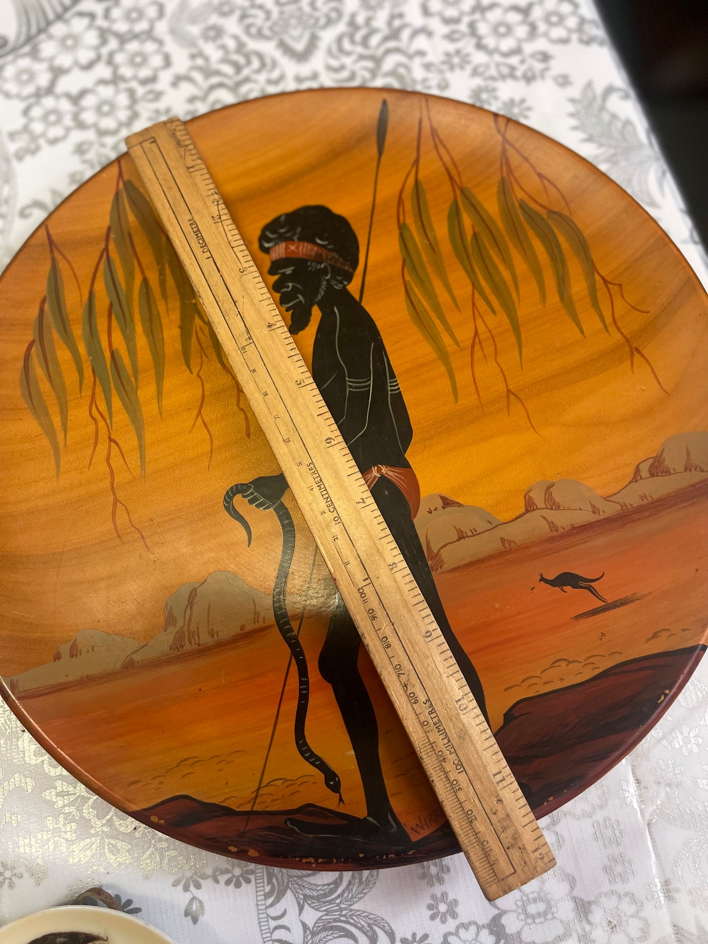 Vintage Australian Aboriginal Art painted large timber plate by Bill Onus Wirrin, Pemunga NT with hunter and snake