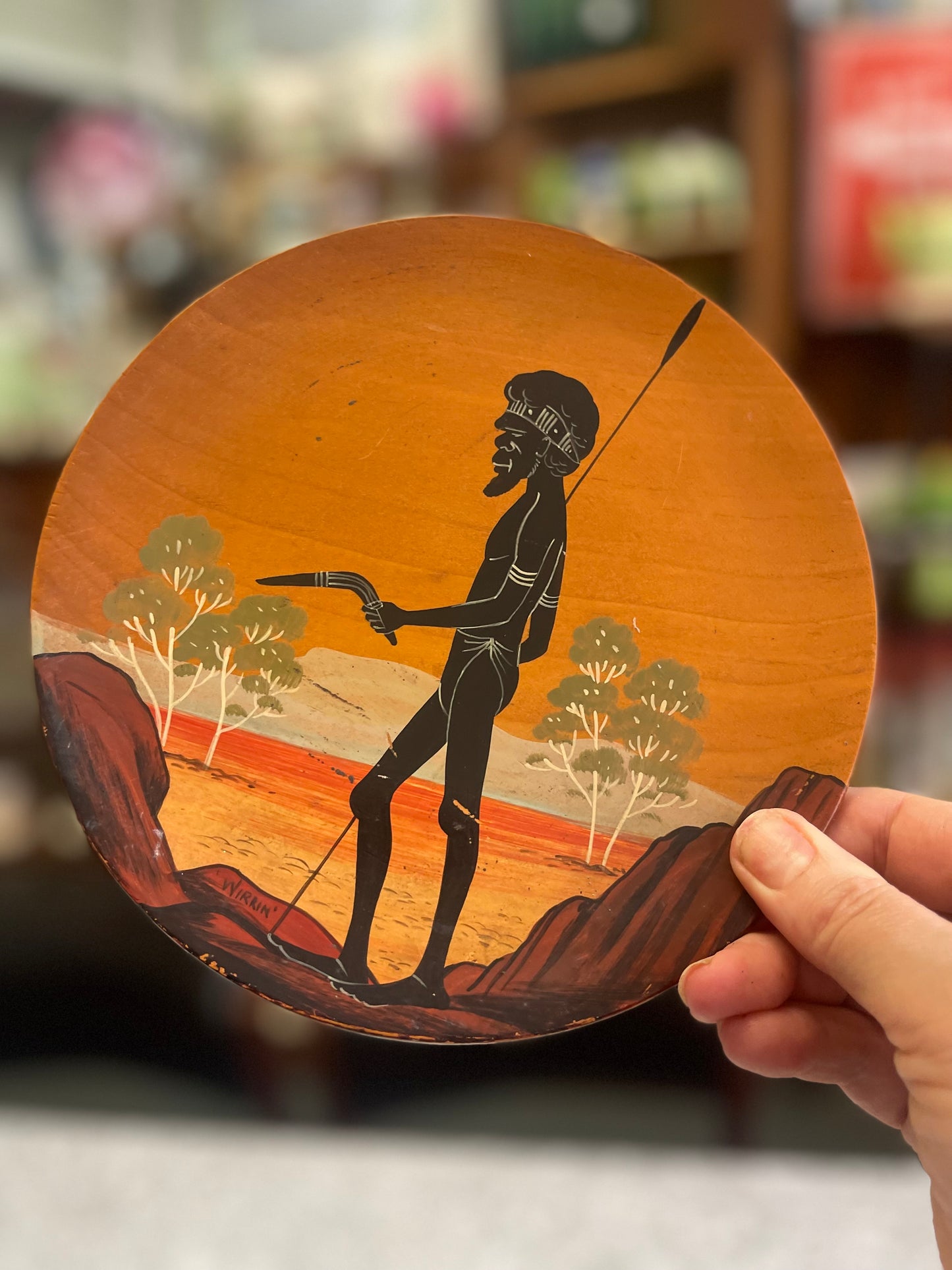 Vintage Australian Aboriginal Art painted small timber plate by Bill Onus Wirrin, Pemunga NT with hunter