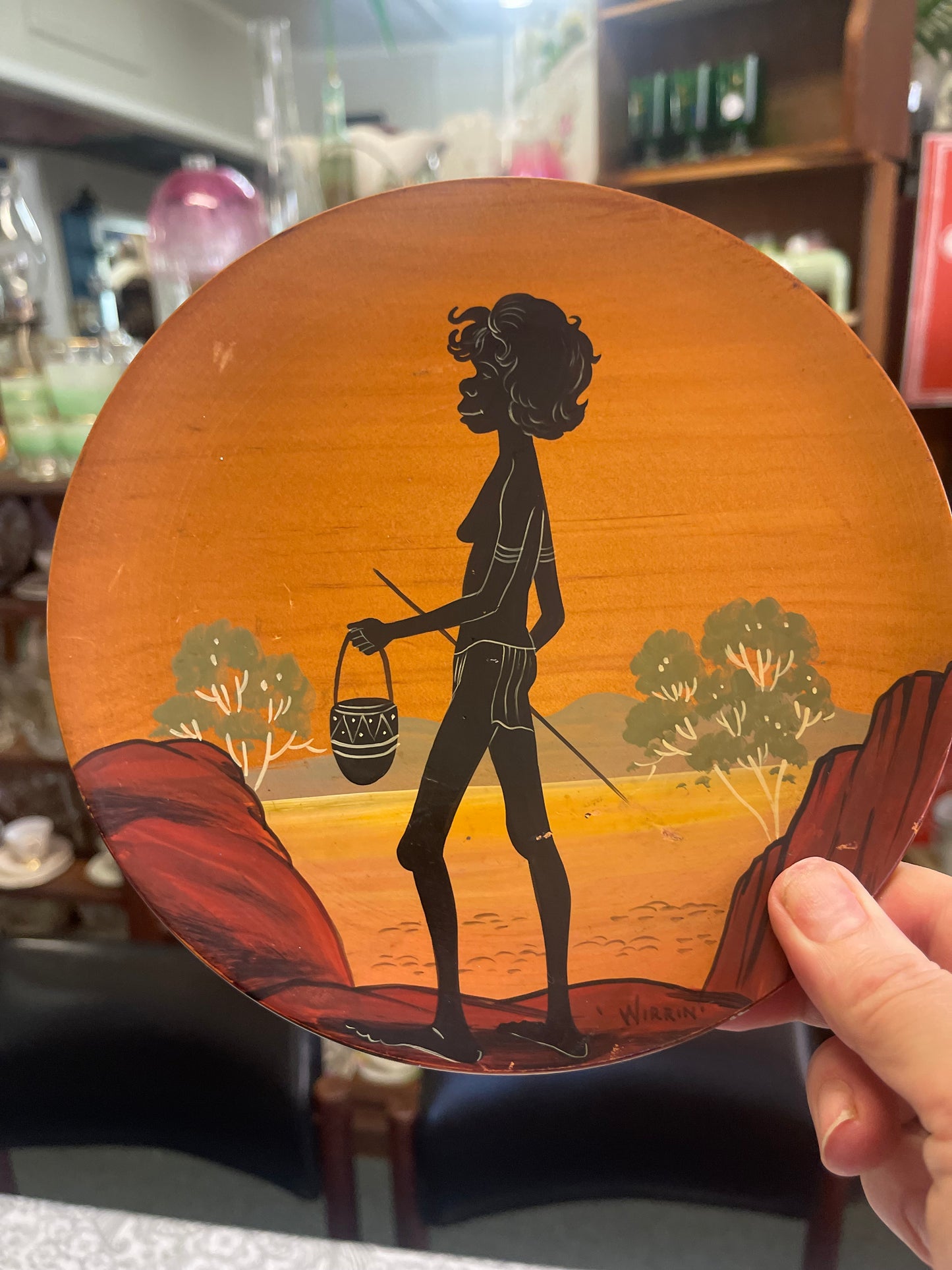 Vintage Australian Aboriginal Art painted small timber plate by Bill Onus Wirrin, Pemunga NT