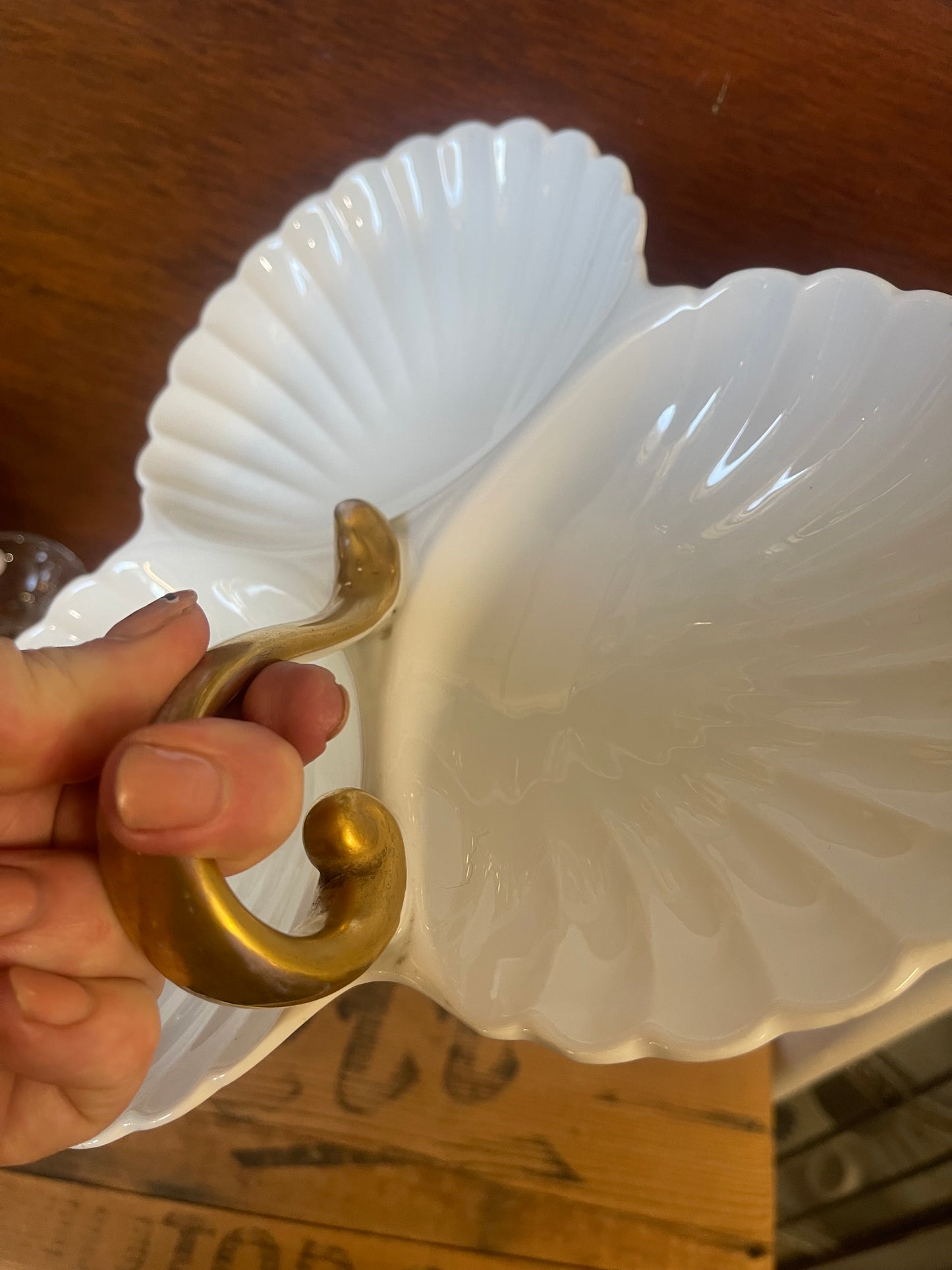 Antique JZ & Co Porcelain c1910 3 Scallop Dish Server with gold handle