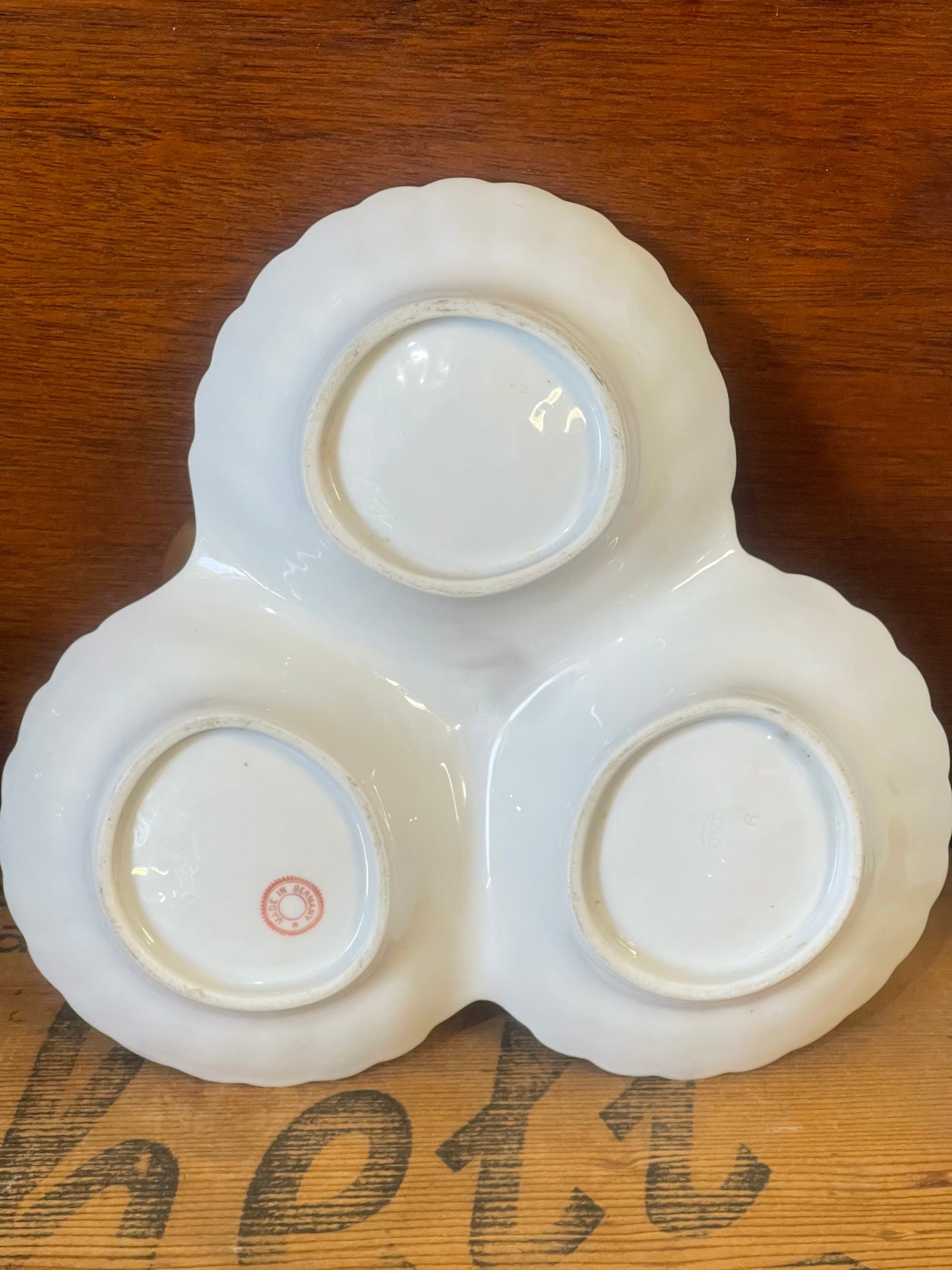 Antique JZ & Co Porcelain c1910 3 Scallop Dish Server with gold handle