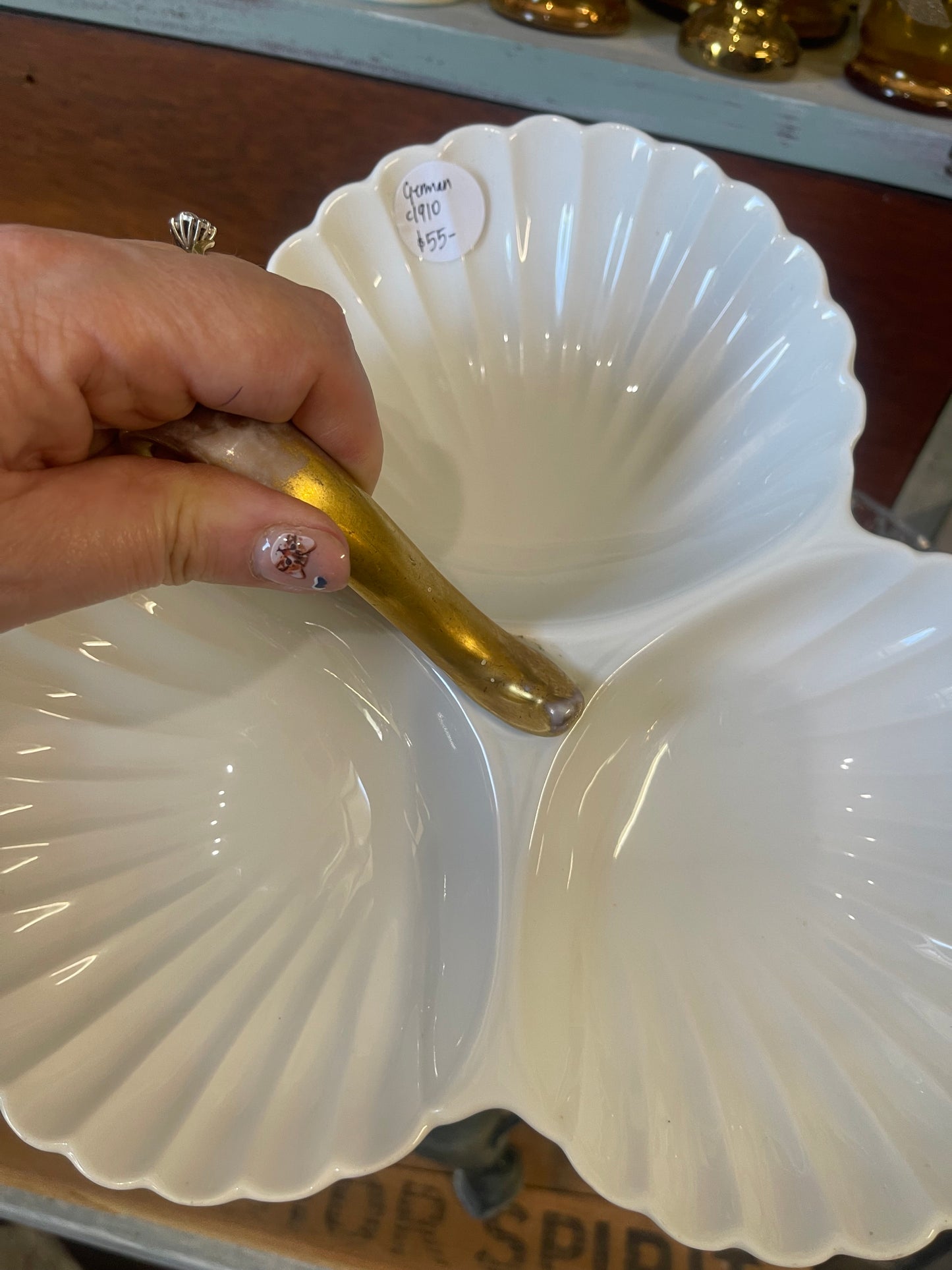 Antique JZ & Co Porcelain c1910 3 Scallop Dish Server with gold handle