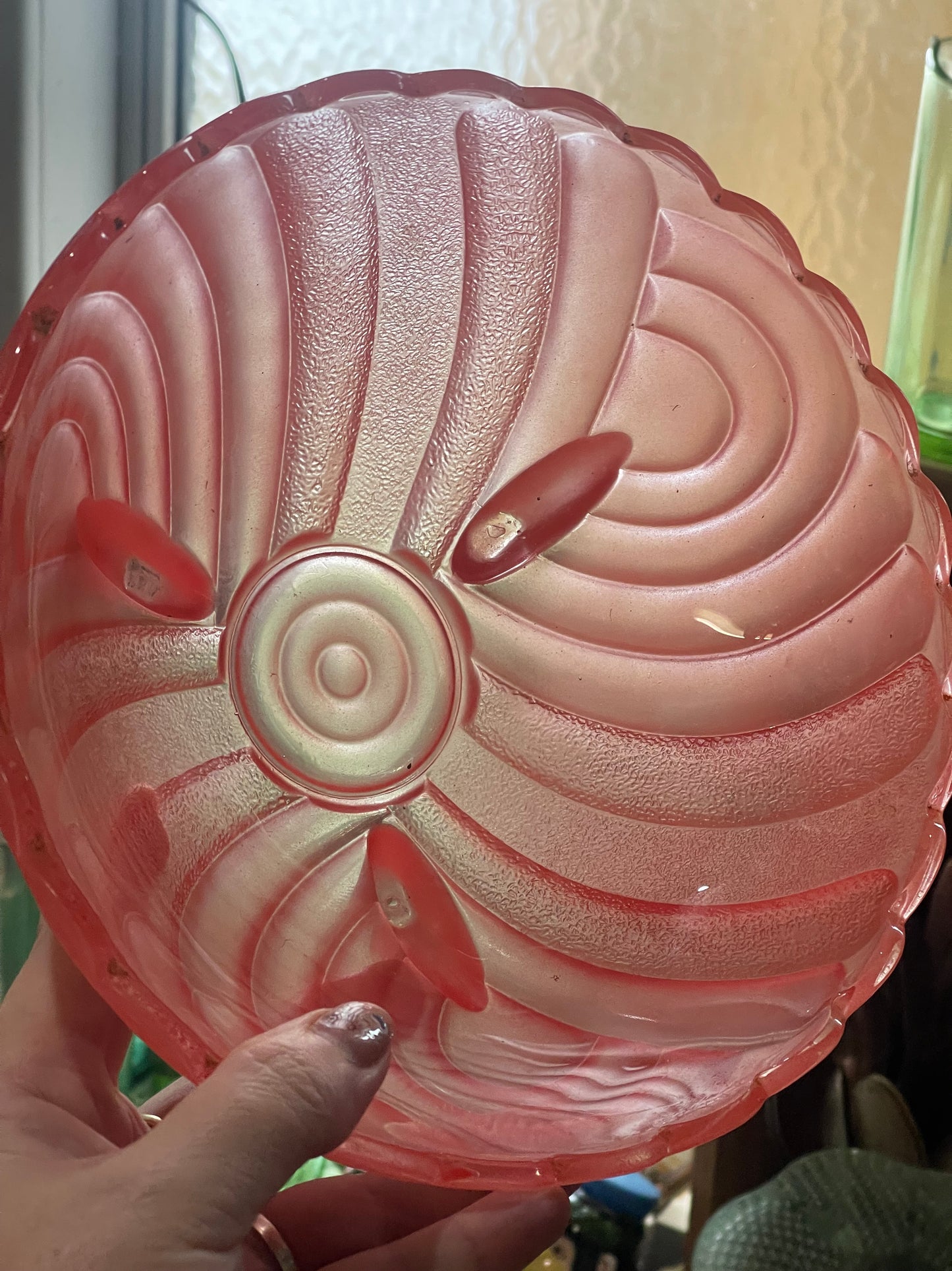 Vintage 1940s Coral Red Depression glass Harlequin Salad Bowl by Crown Crystal