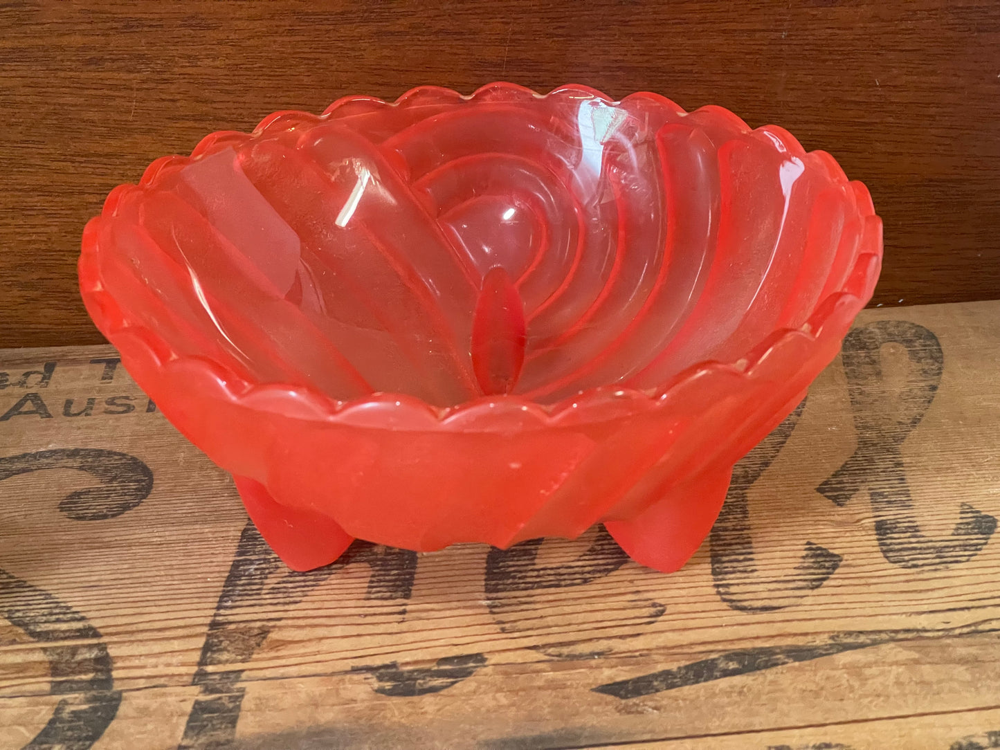Vintage 1940s Coral Red Depression glass Harlequin Salad Bowl by Crown Crystal