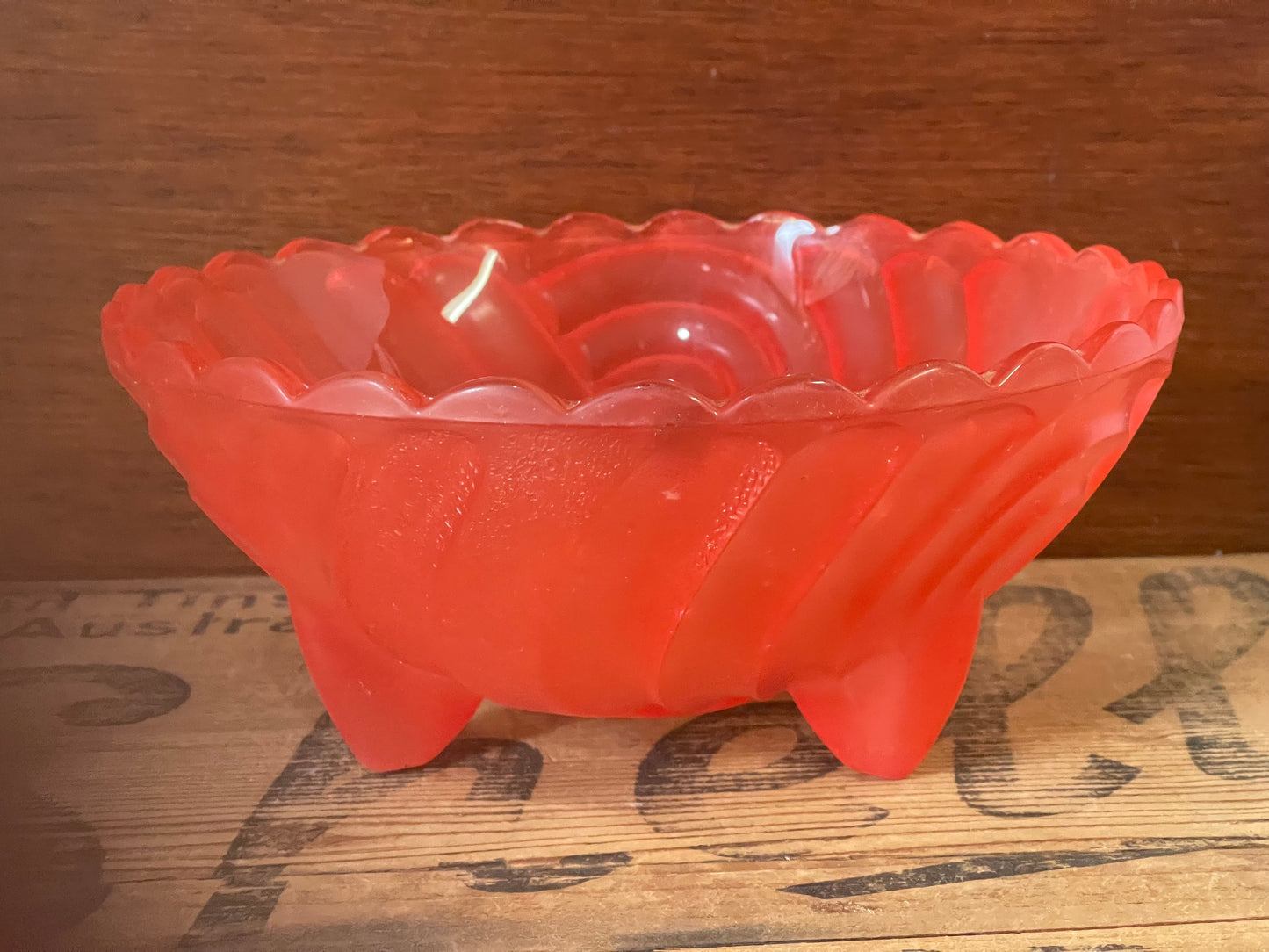 Vintage 1940s Coral Red Depression glass Harlequin Salad Bowl by Crown Crystal