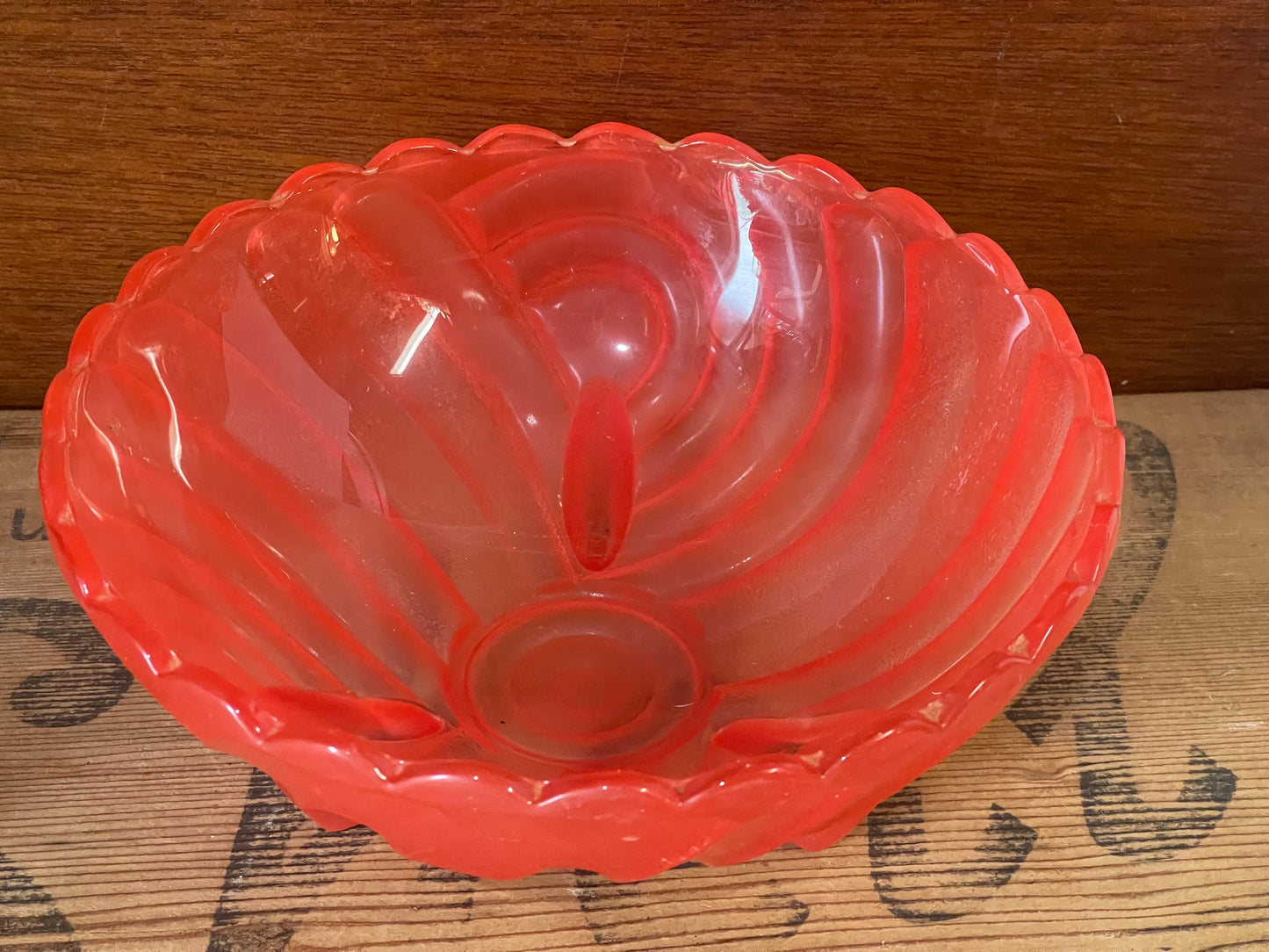 Vintage 1940s Coral Red Depression glass Harlequin Salad Bowl by Crown Crystal