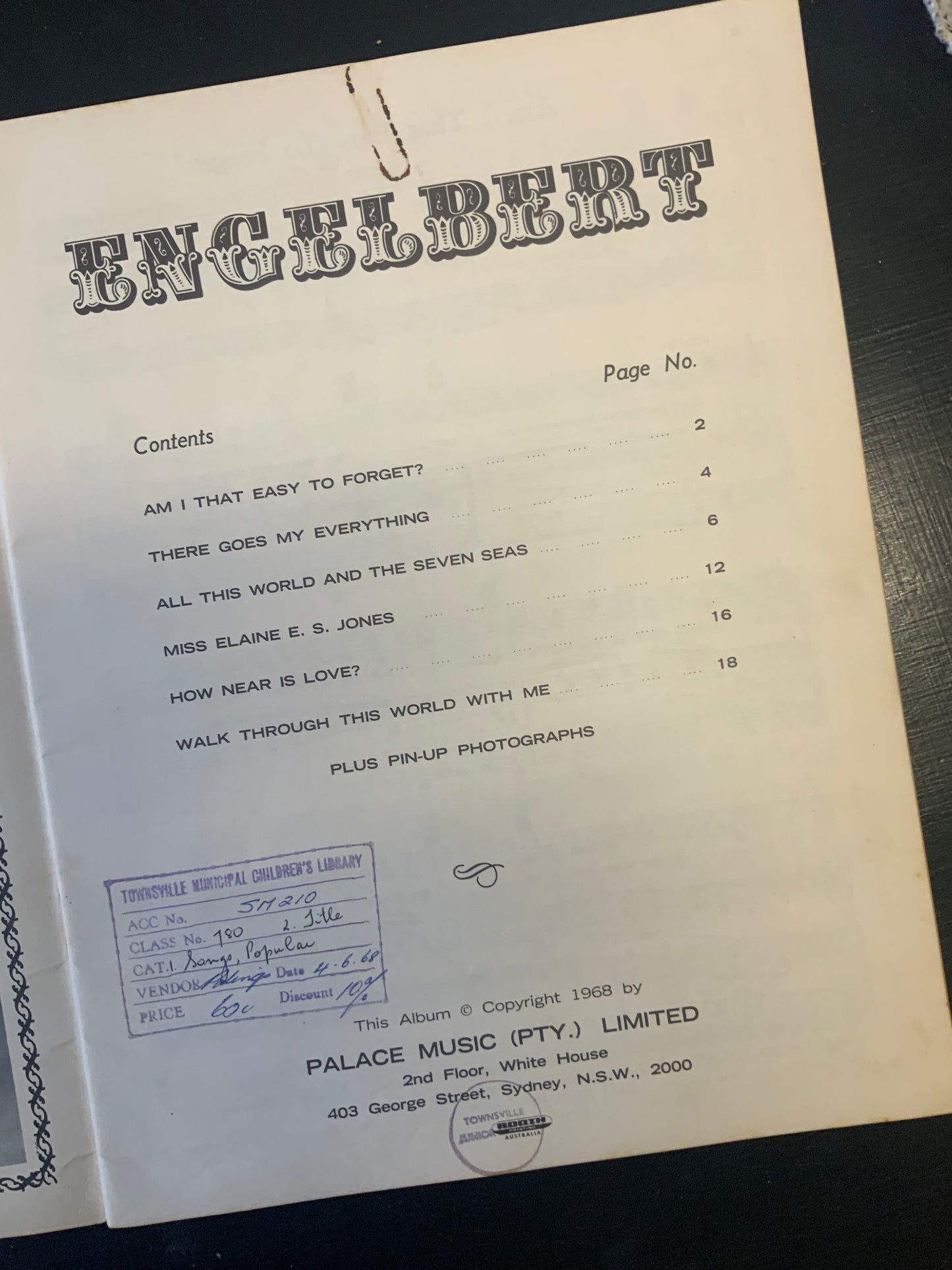 Engelbert - Engelbert Humperdinck 1968 Oz Sheet Music Book