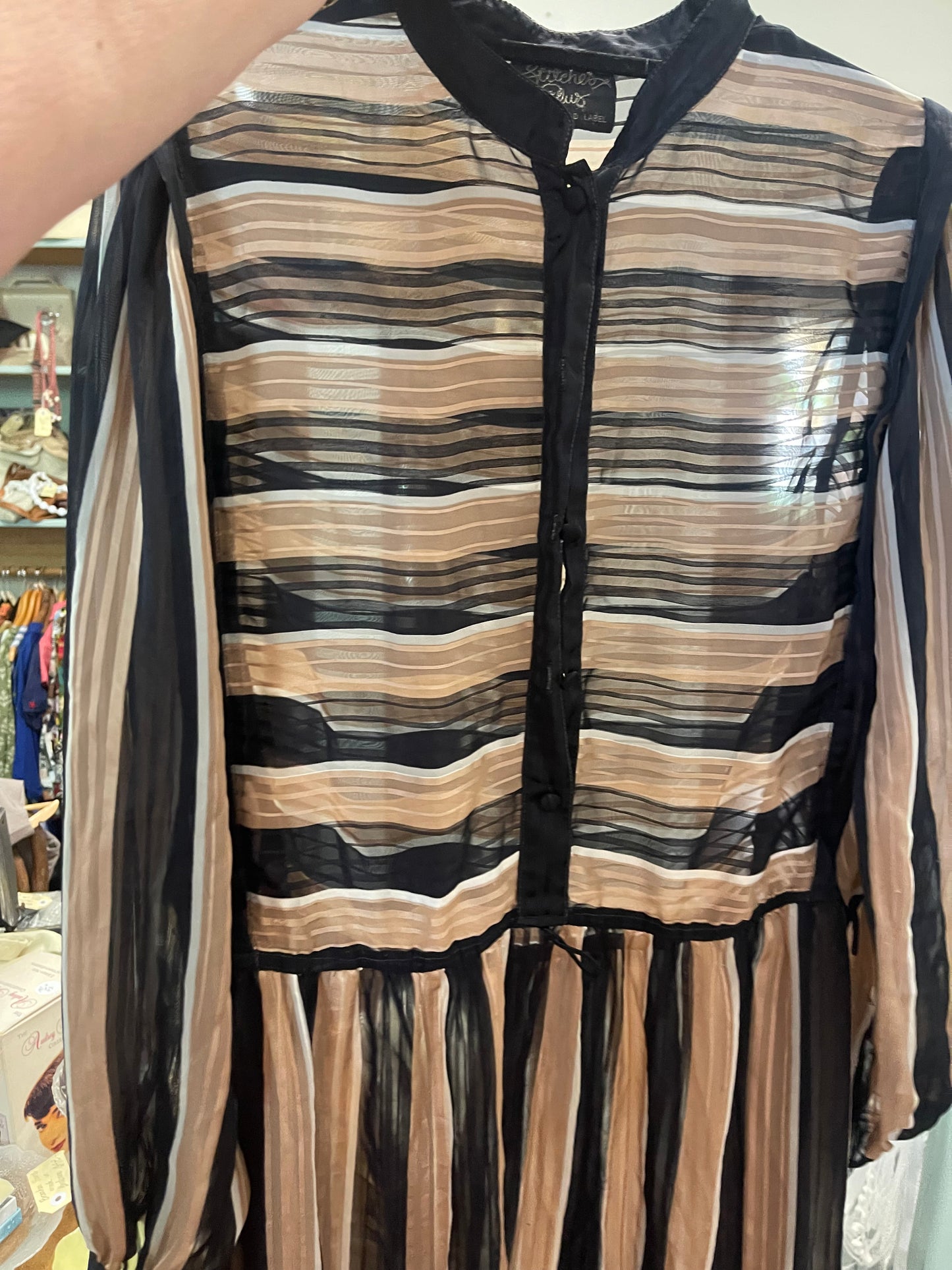 Vintage Sheer Stripe Shirtwaist Dress – Black & Mocha (Size 18 / Modern 16)