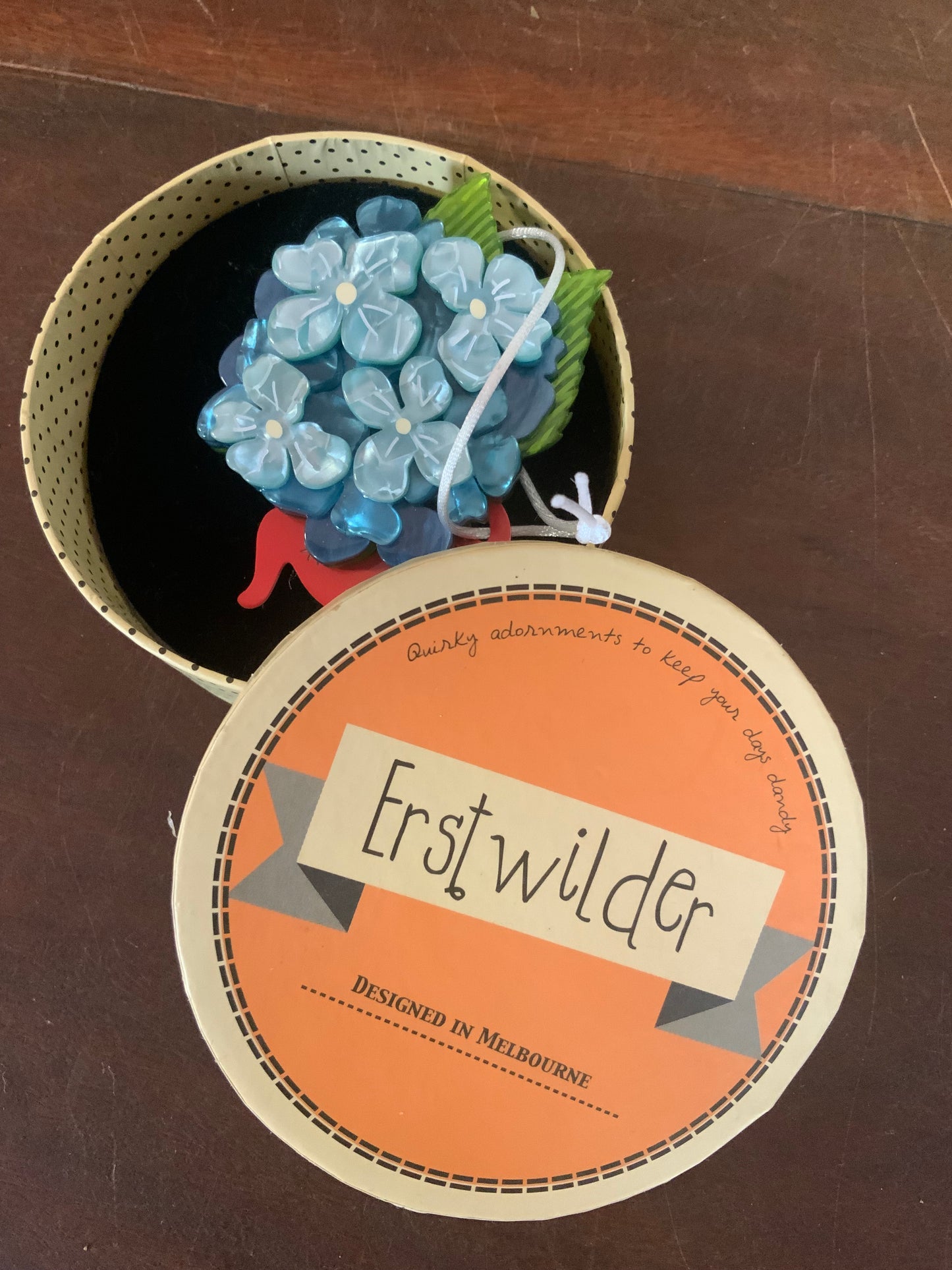 “Heartfelt Hydrangea” Rare Blue Brooch by Erstwilder and Carmen Hui (2018)