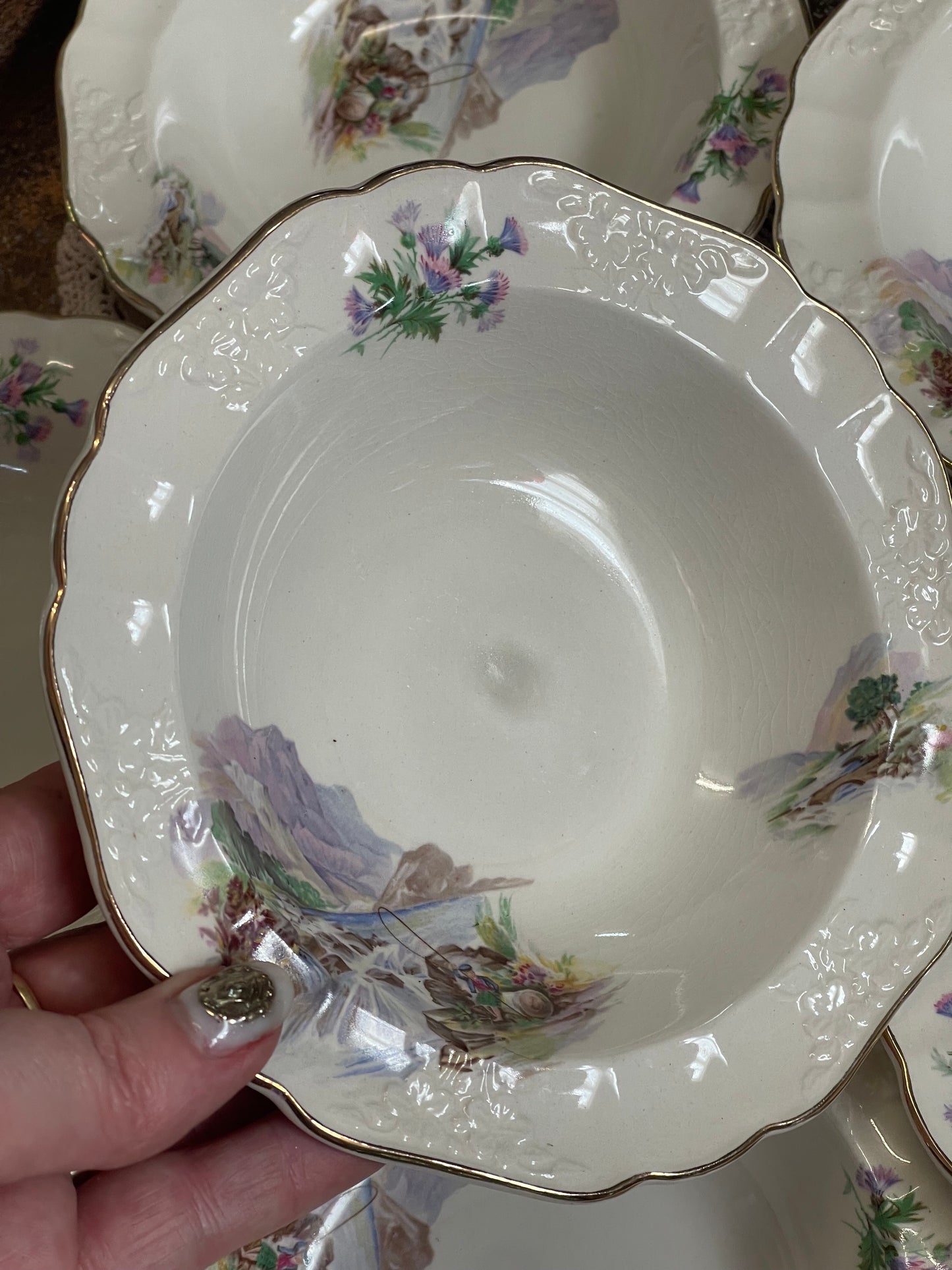 Vintage Empire Porcelain “Scottish Grandeur” Embossed Bowls – Set of 7 (c.1940s–50s)