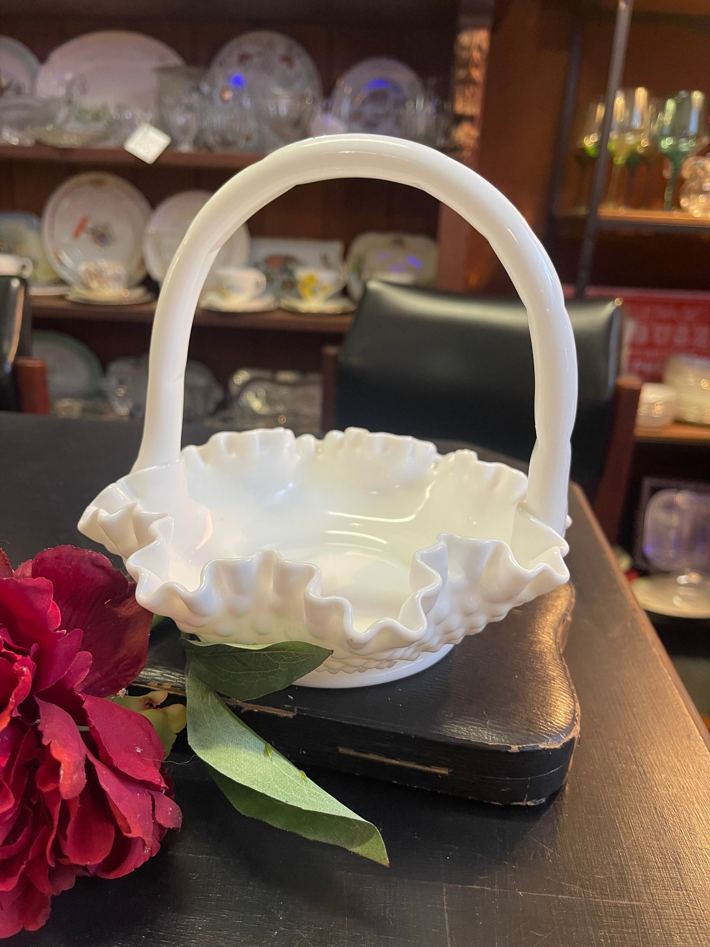 Vintage Fenton Ruffled Hobnail Milk Glass Handled Basket Bowl