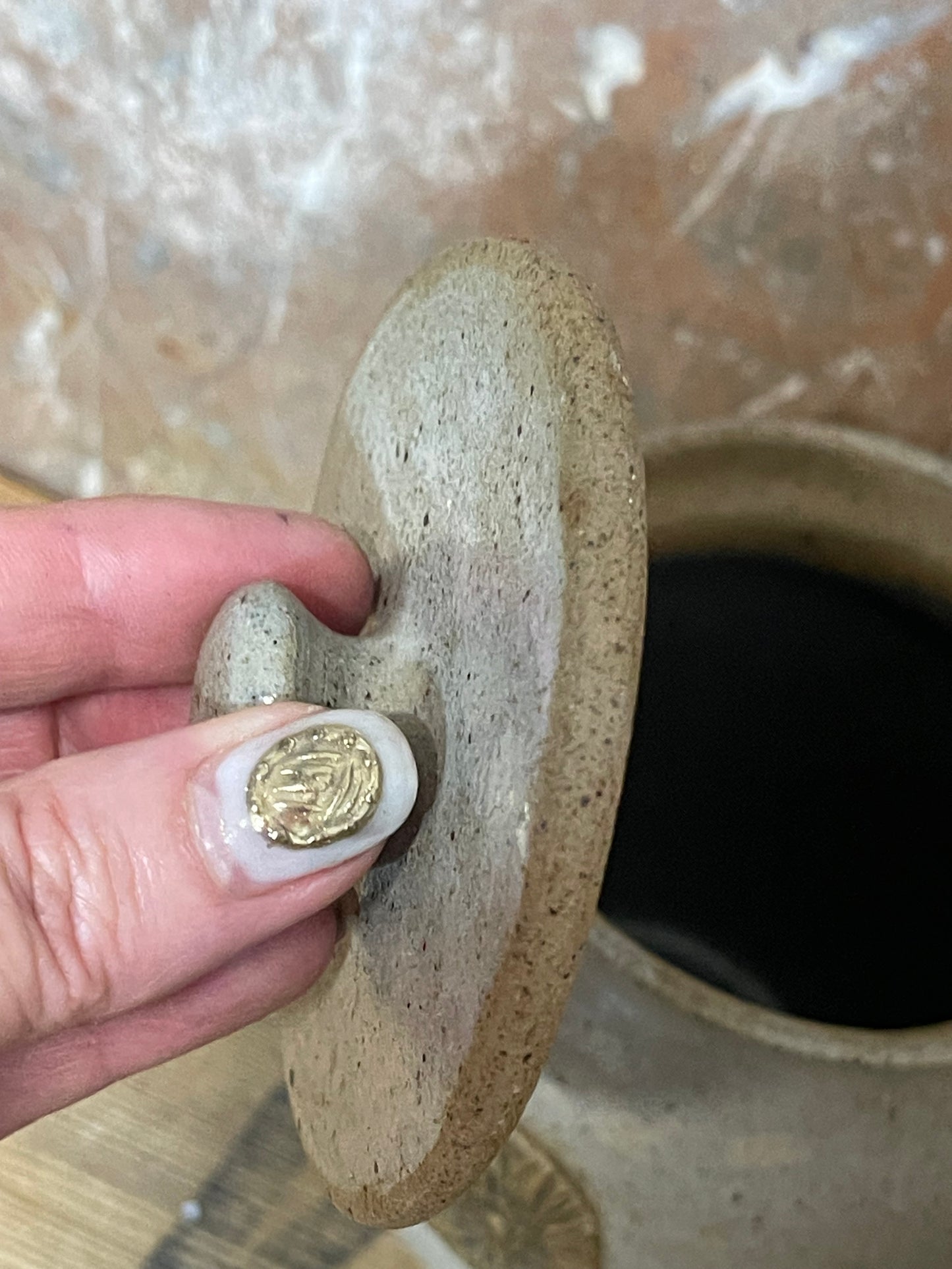 Handcrafted Pottery Lidded Crock with Applied Brown Flower Motifs