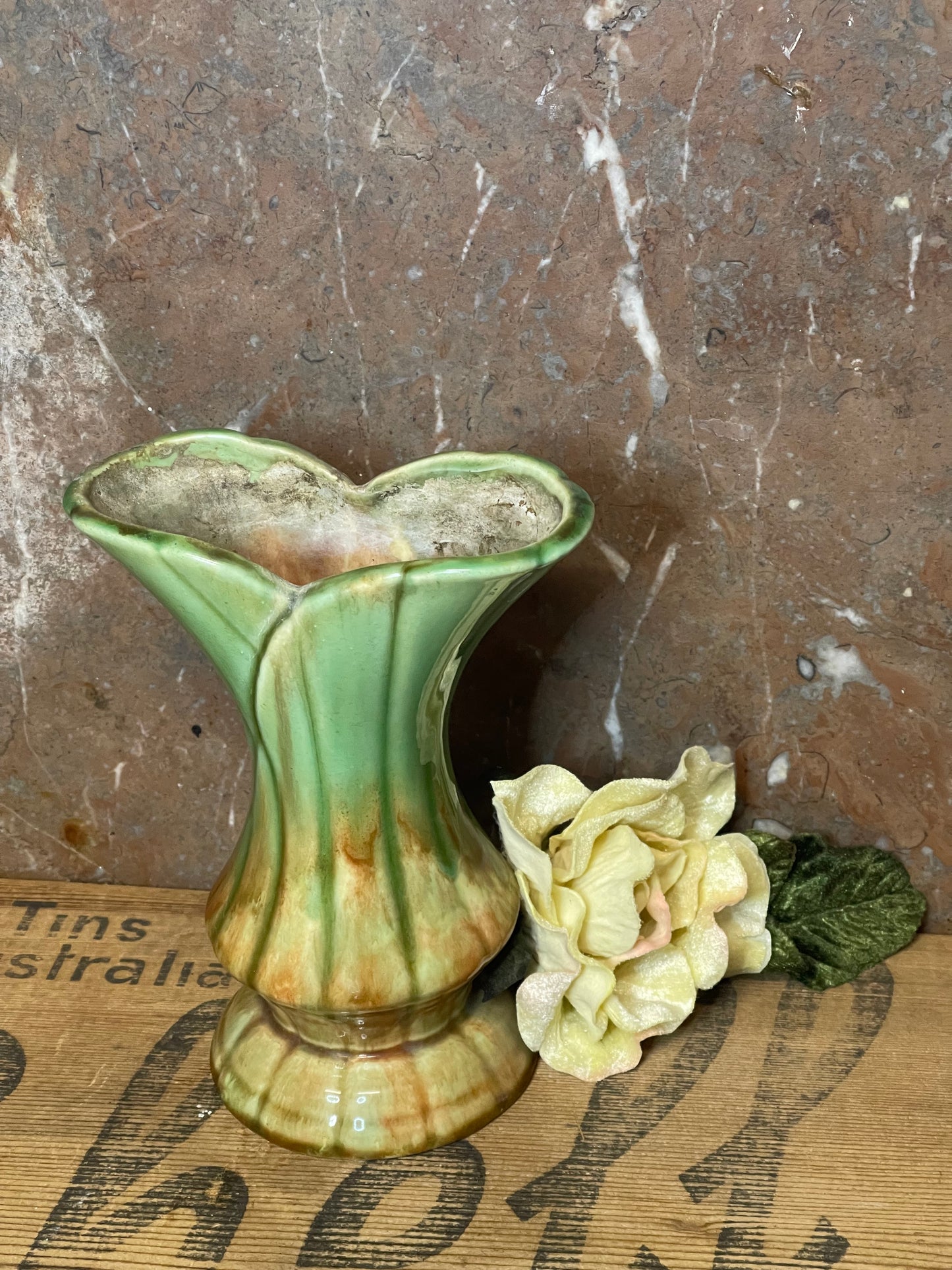 Vintage 1940s Australian Diana Pottery Medium Green Drip Glaze Vase