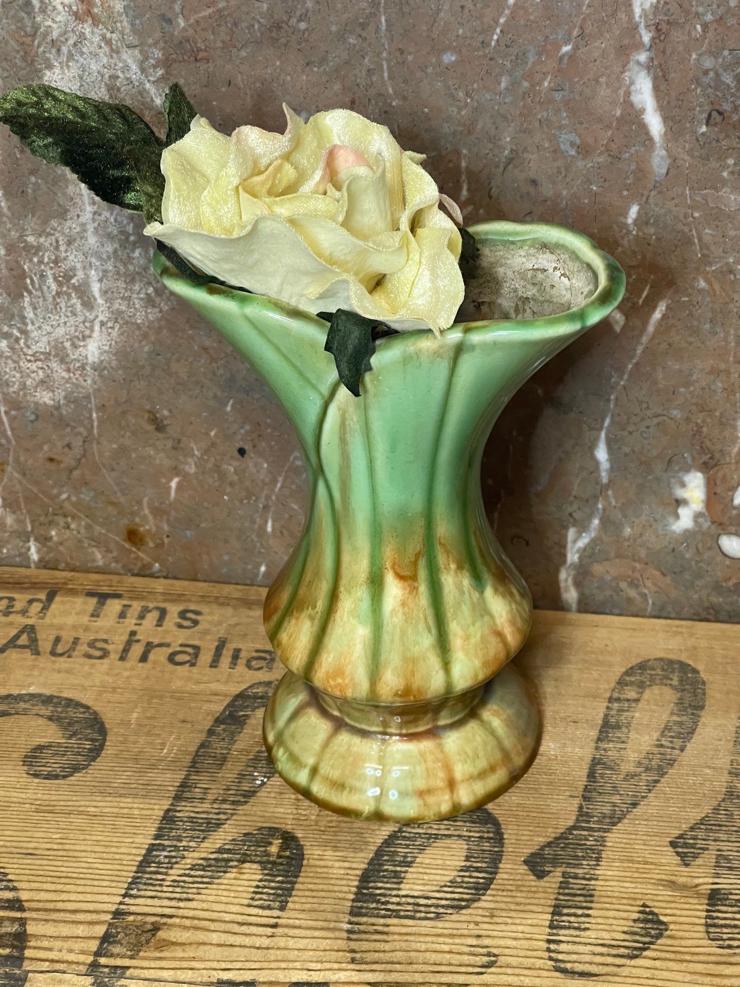 Vintage 1940s Australian Diana Pottery Medium Green Drip Glaze Vase