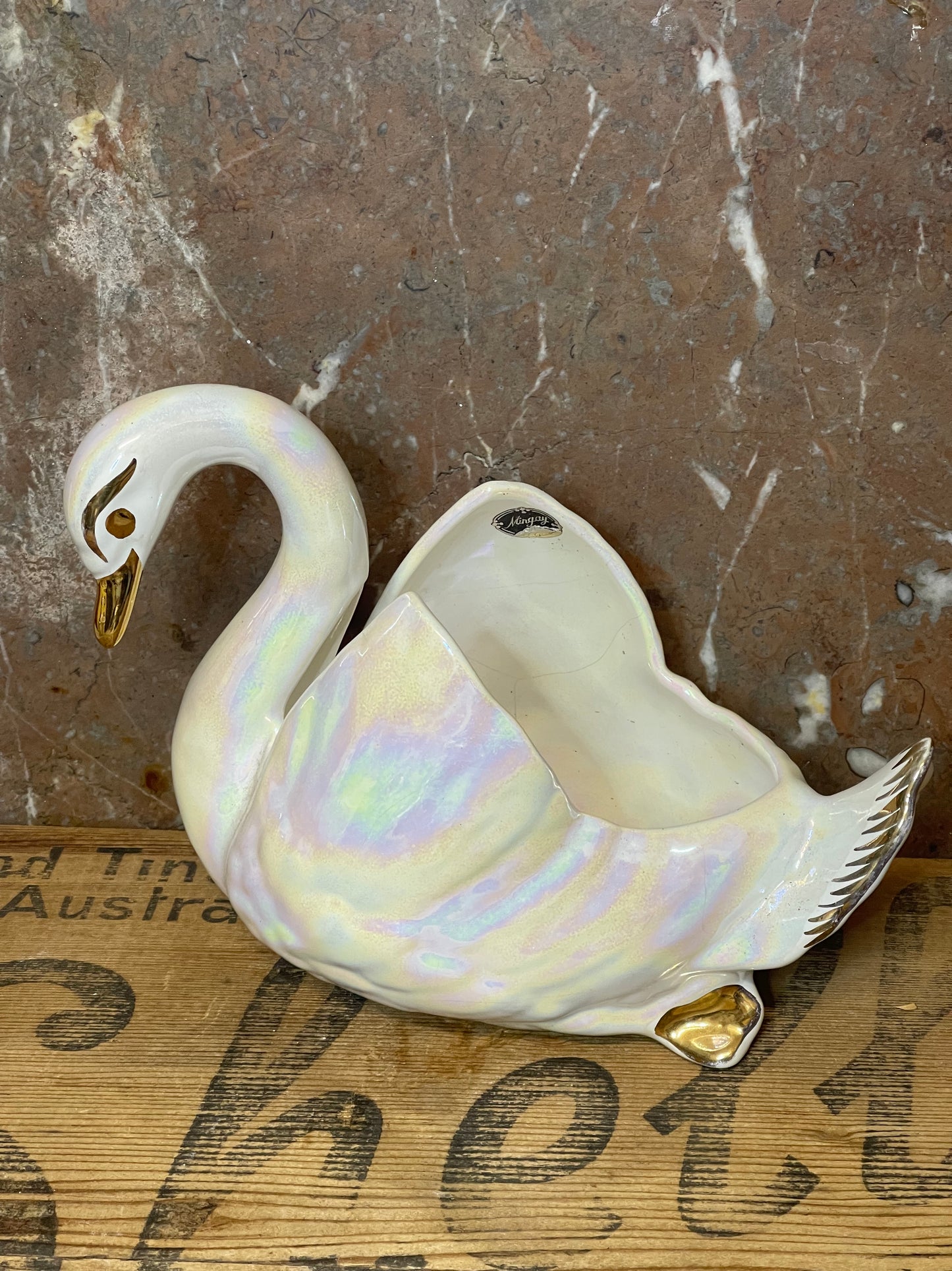 Vintage 1950s Lustreware Swan Planter – White with Pink Sheen & Gold Detail, Mingay
