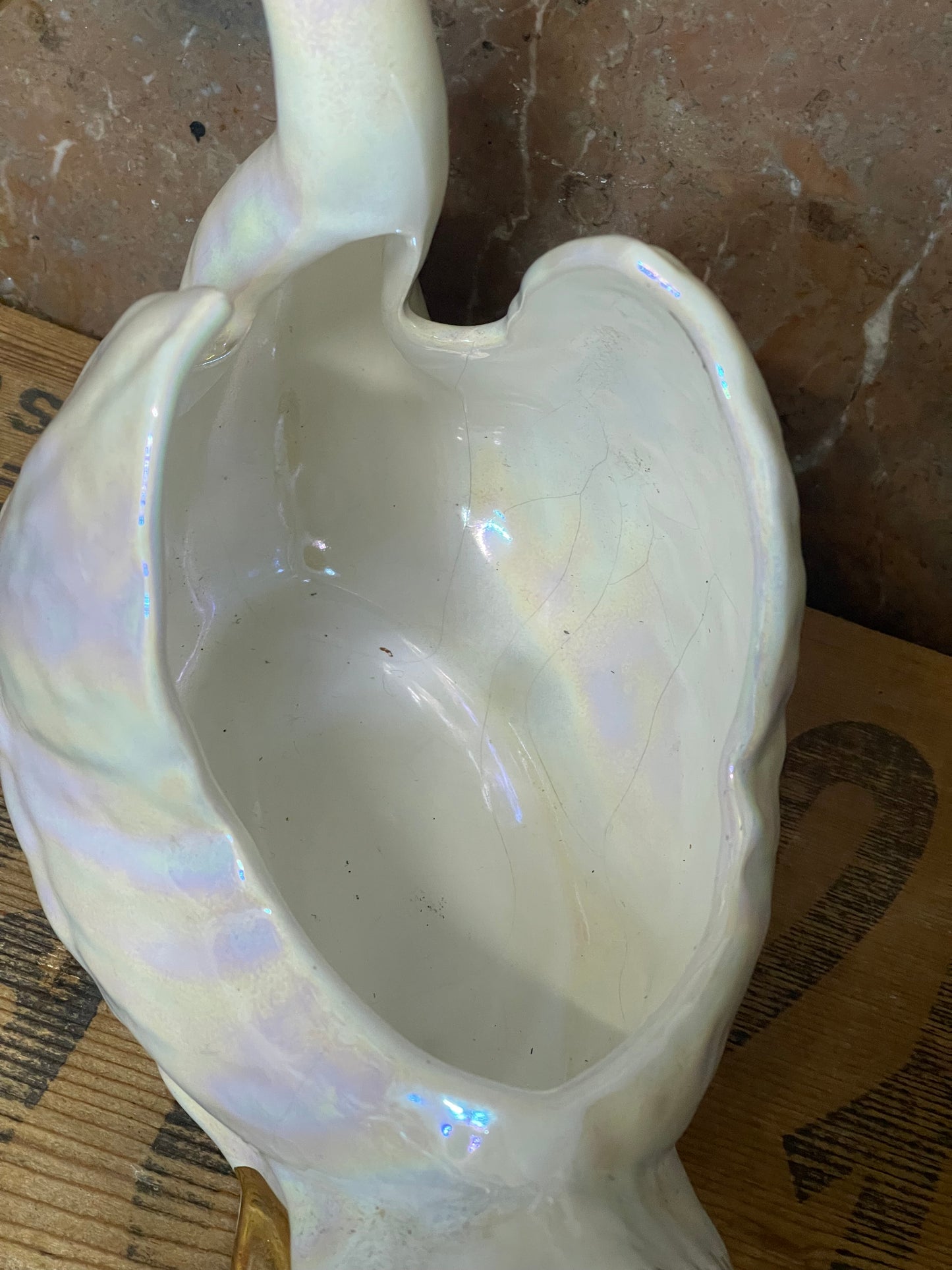Vintage 1950s Lustreware Swan Planter – White with Pink Sheen & Gold Detail, Mingay