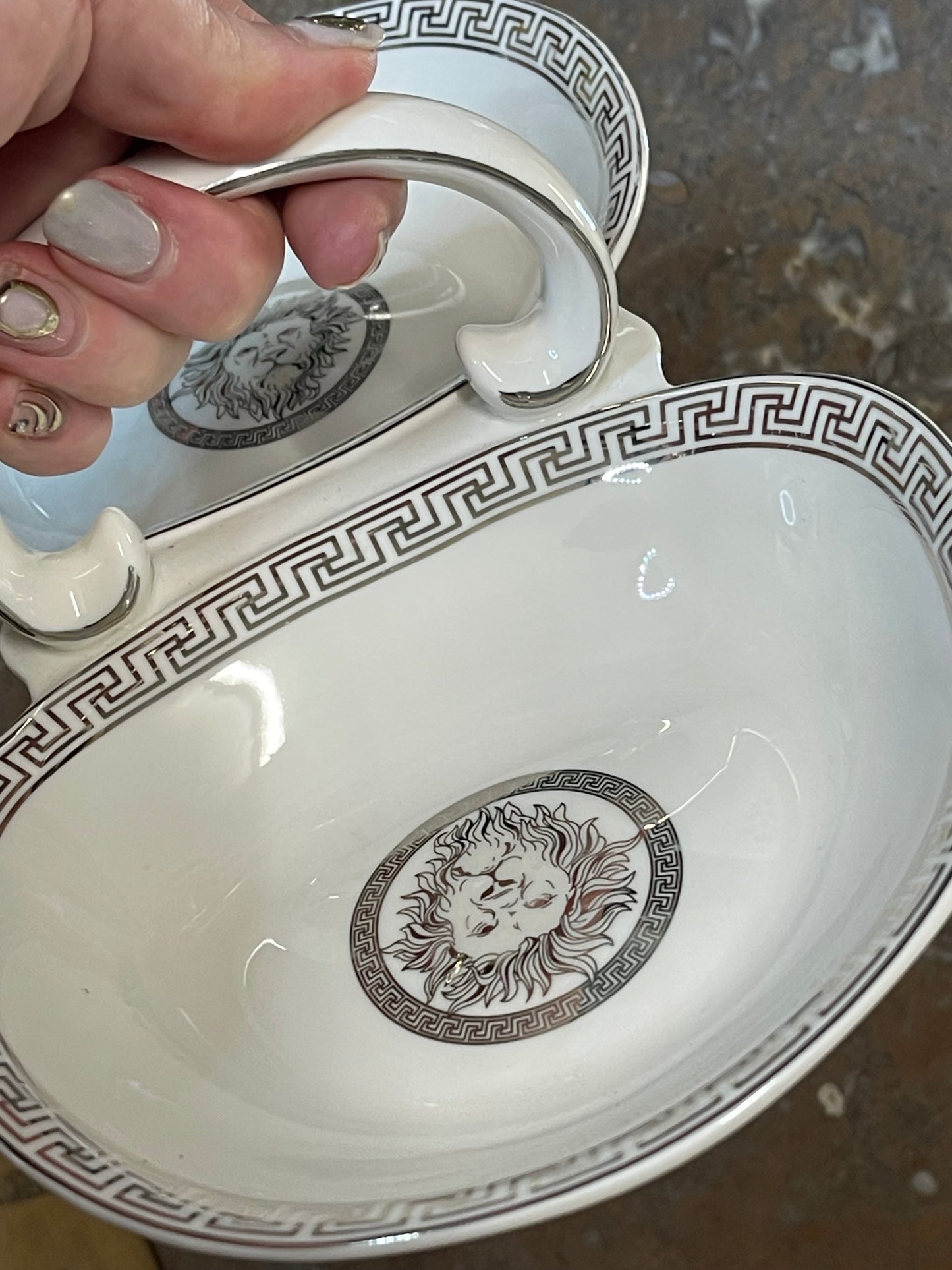 Vintage Trent & Dunne Twin Bowl Dish with Greek Key & Lion Medusa Design