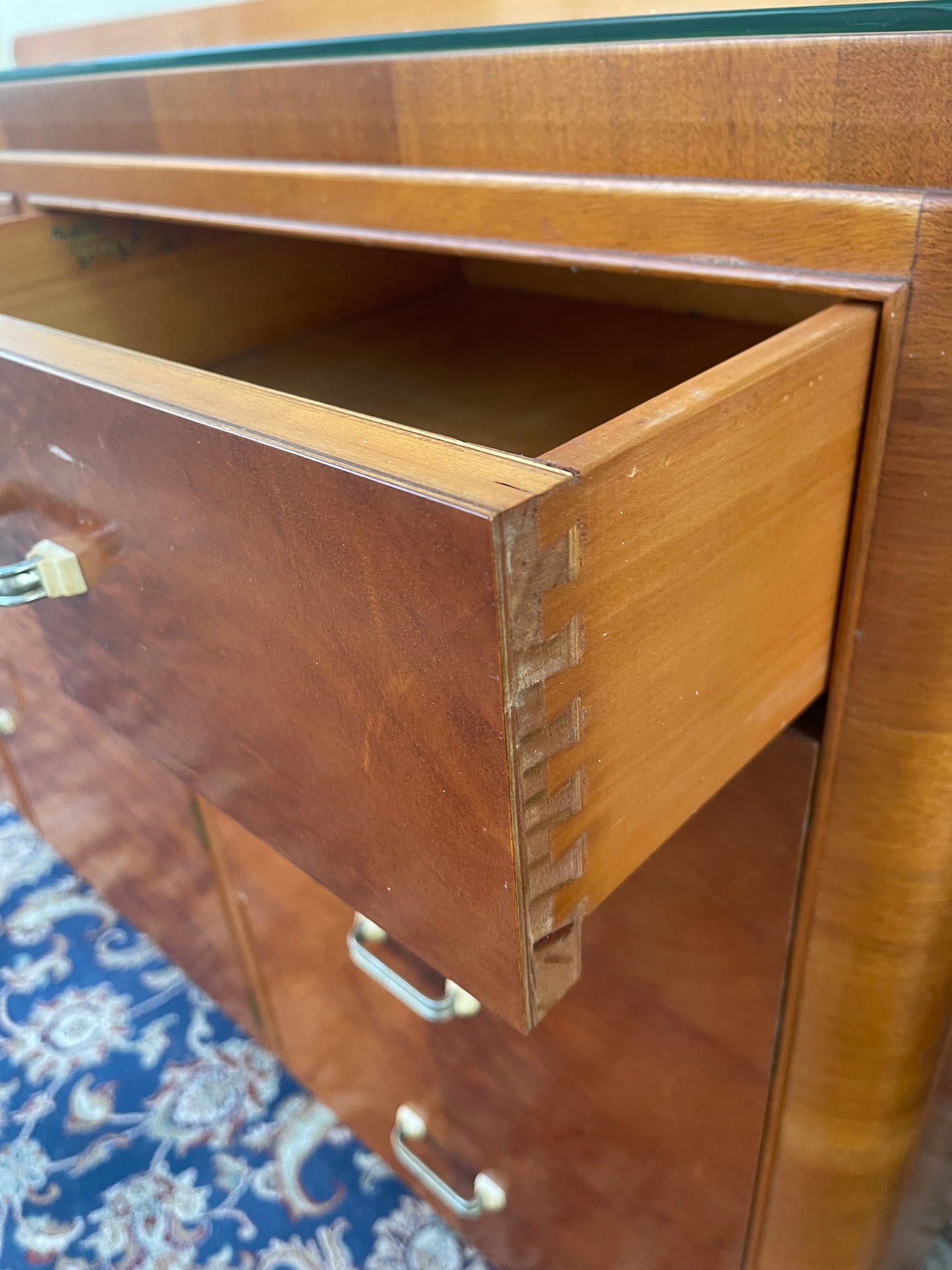 Art Deco Silky Oak Sideboard with Glass Display & Etched Panels – c.1930s