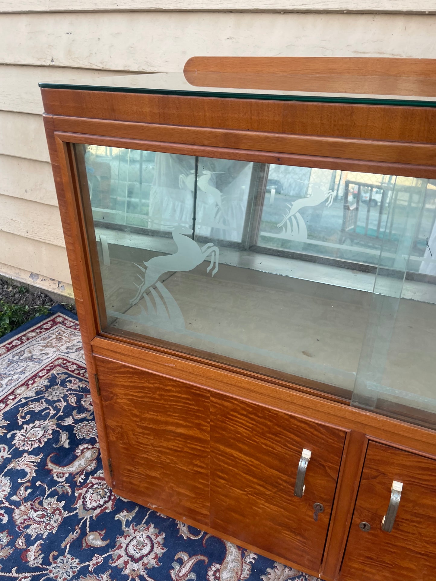 Art Deco Silky Oak Sideboard with Glass Display & Etched Panels – c.1930s