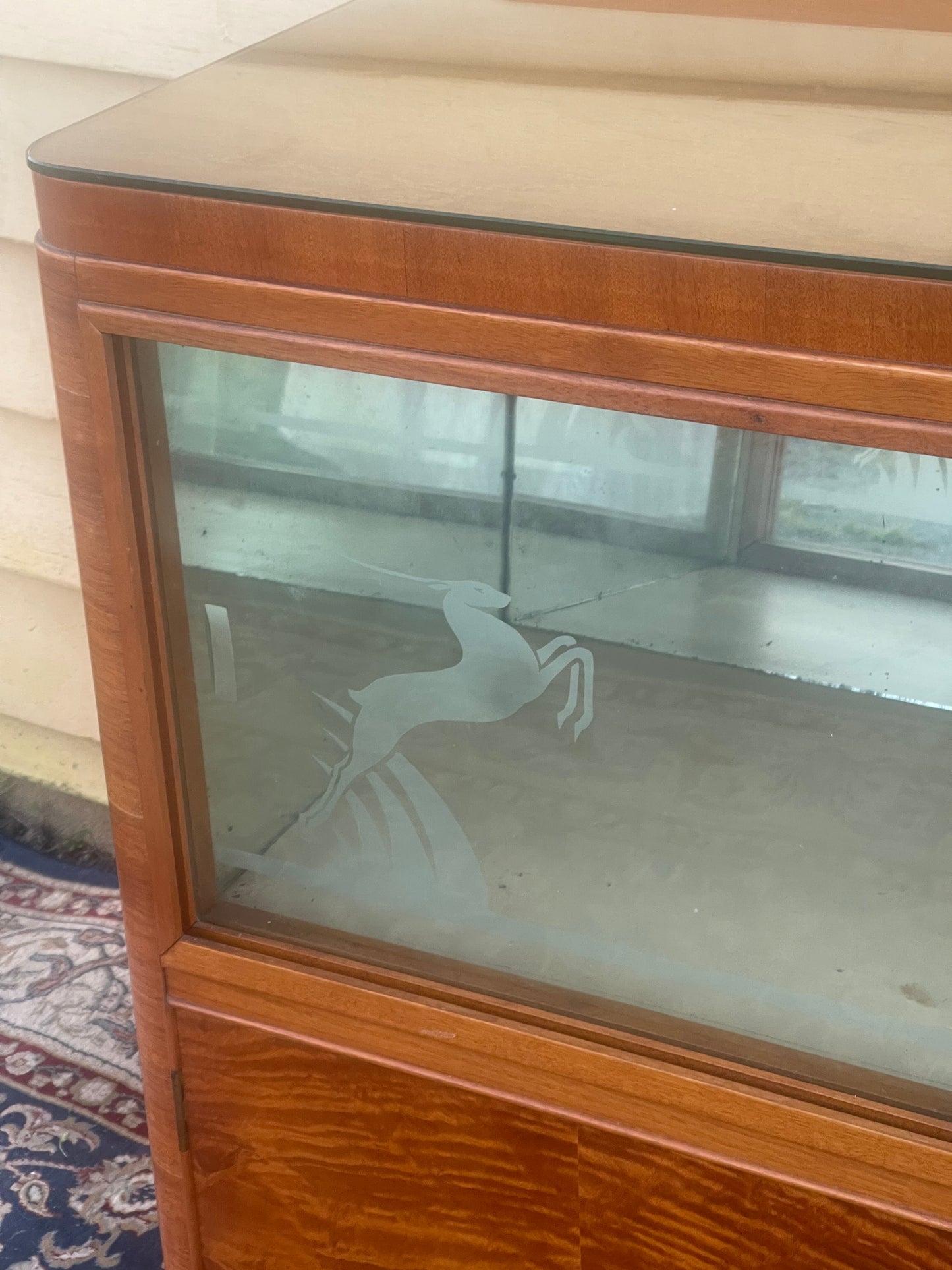 Art Deco Silky Oak Sideboard with Glass Display & Etched Panels – c.1930s