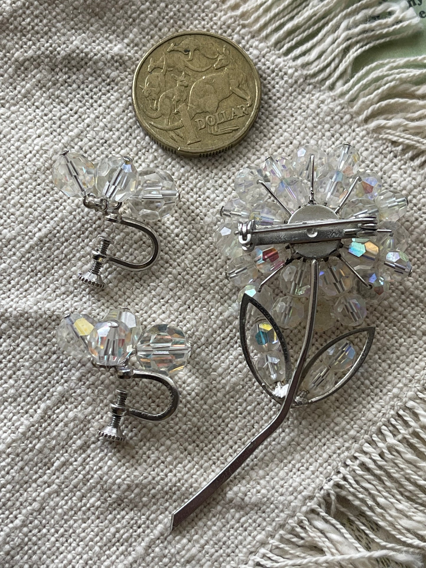Vintage Aurora Borealis Crystal Brooch & Clip-On Earrings Set – c.1950s–60s