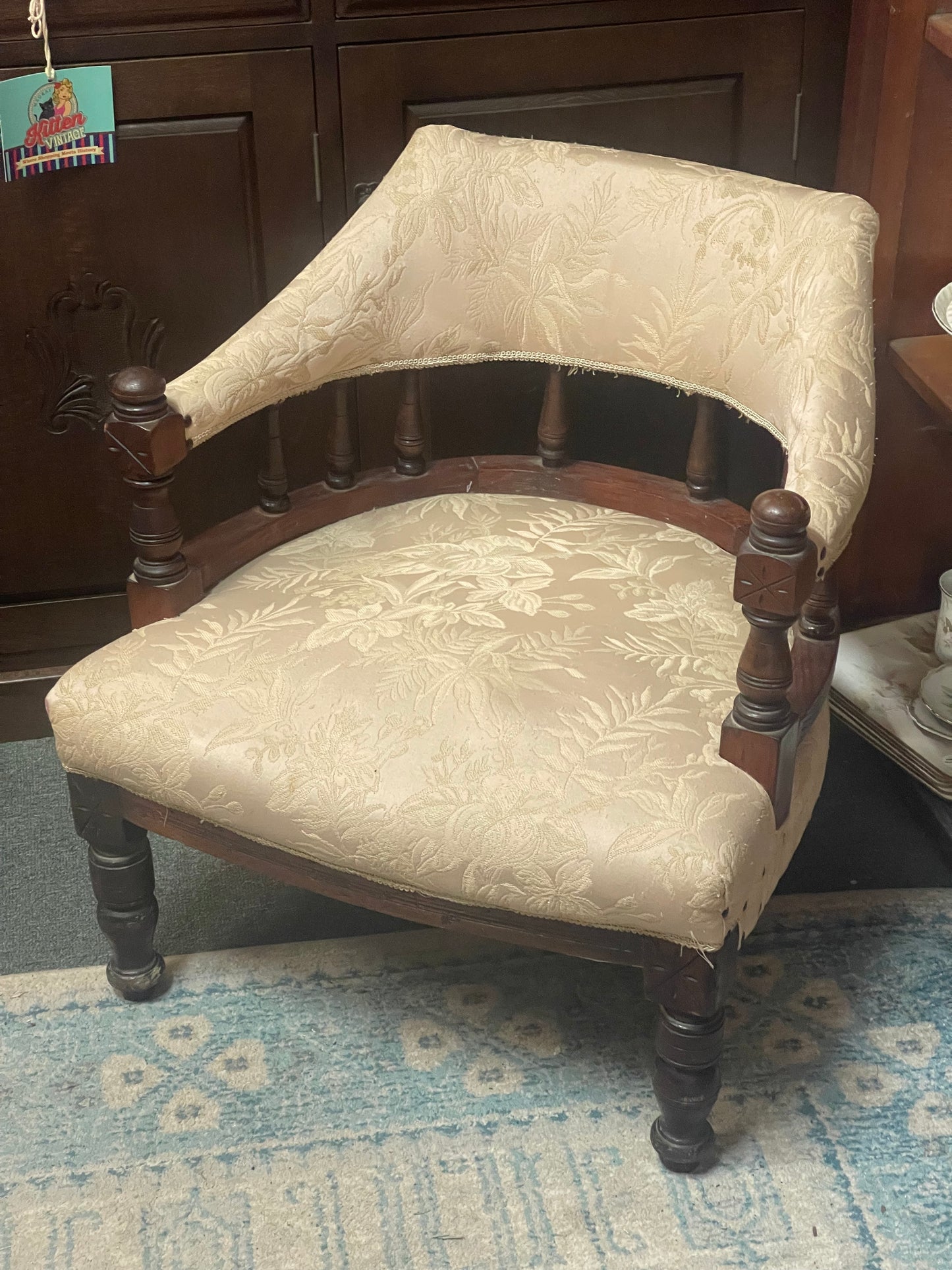 Antique c.1900 Carved Wooden Armchair with Cream Damask Upholstery