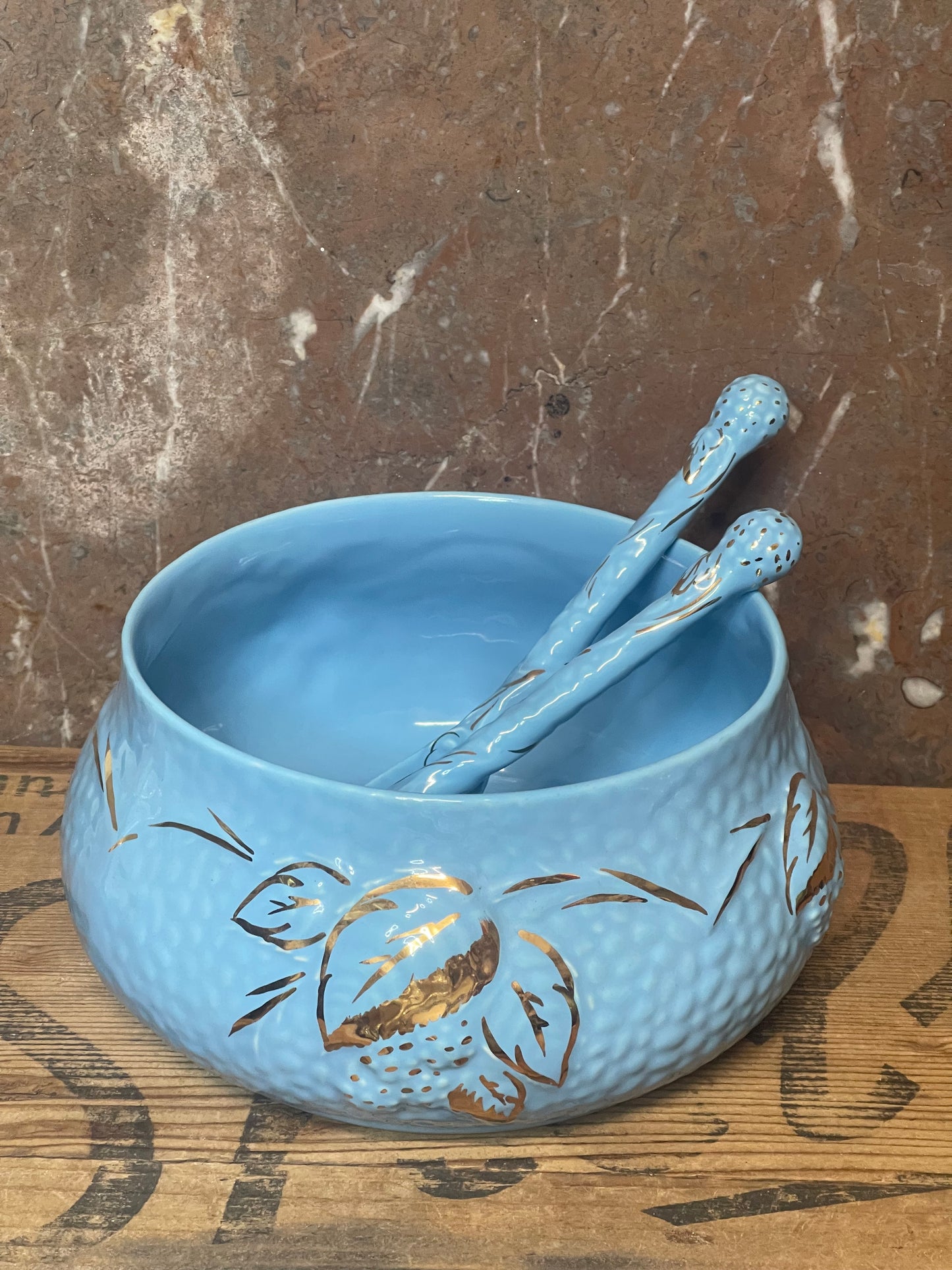 Vintage Wade “Golden Blue” Bowl with Matching Spoons – England