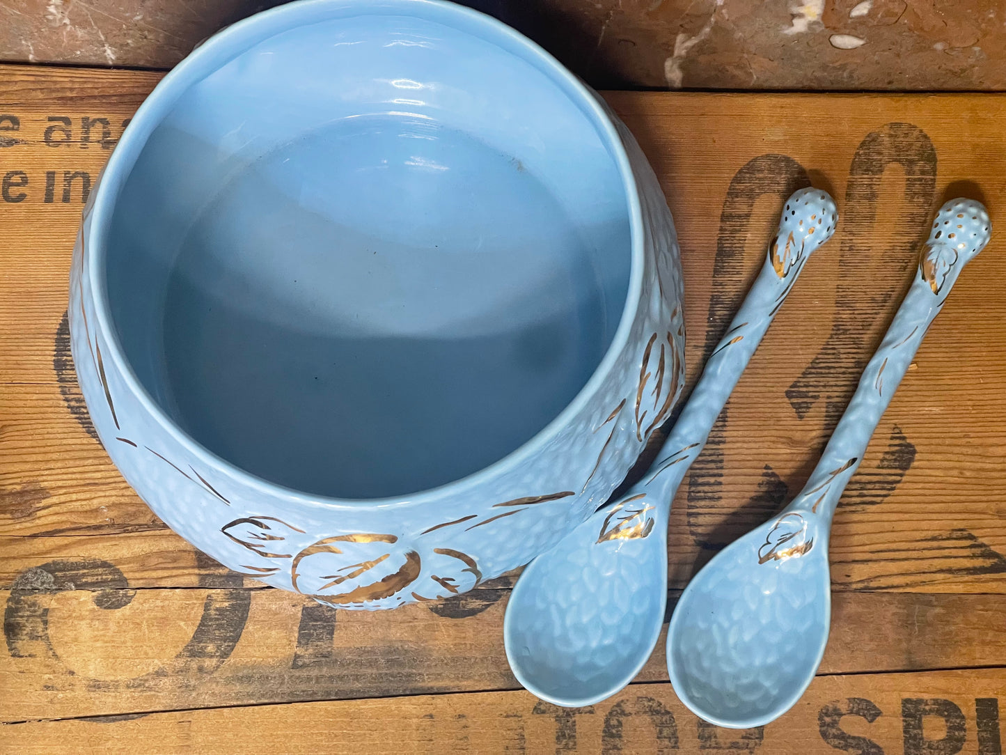 Vintage Wade “Golden Blue” Bowl with Matching Spoons – England