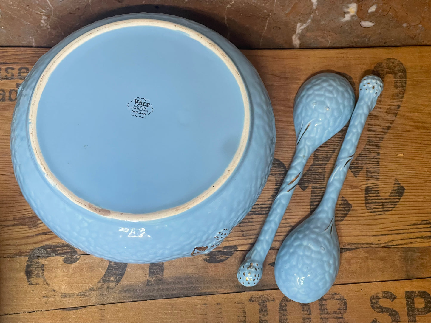 Vintage Wade “Golden Blue” Bowl with Matching Spoons – England