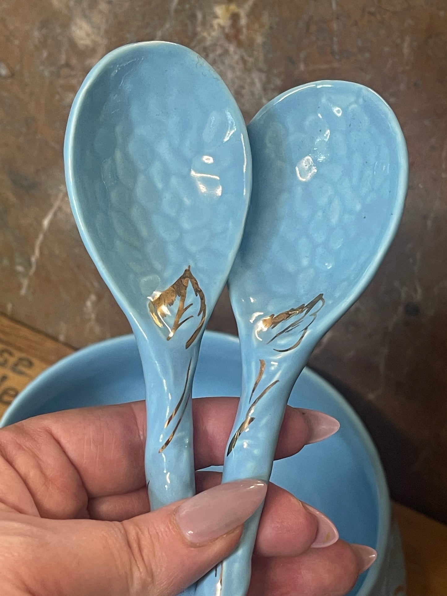 Vintage Wade “Golden Blue” Bowl with Matching Spoons – England