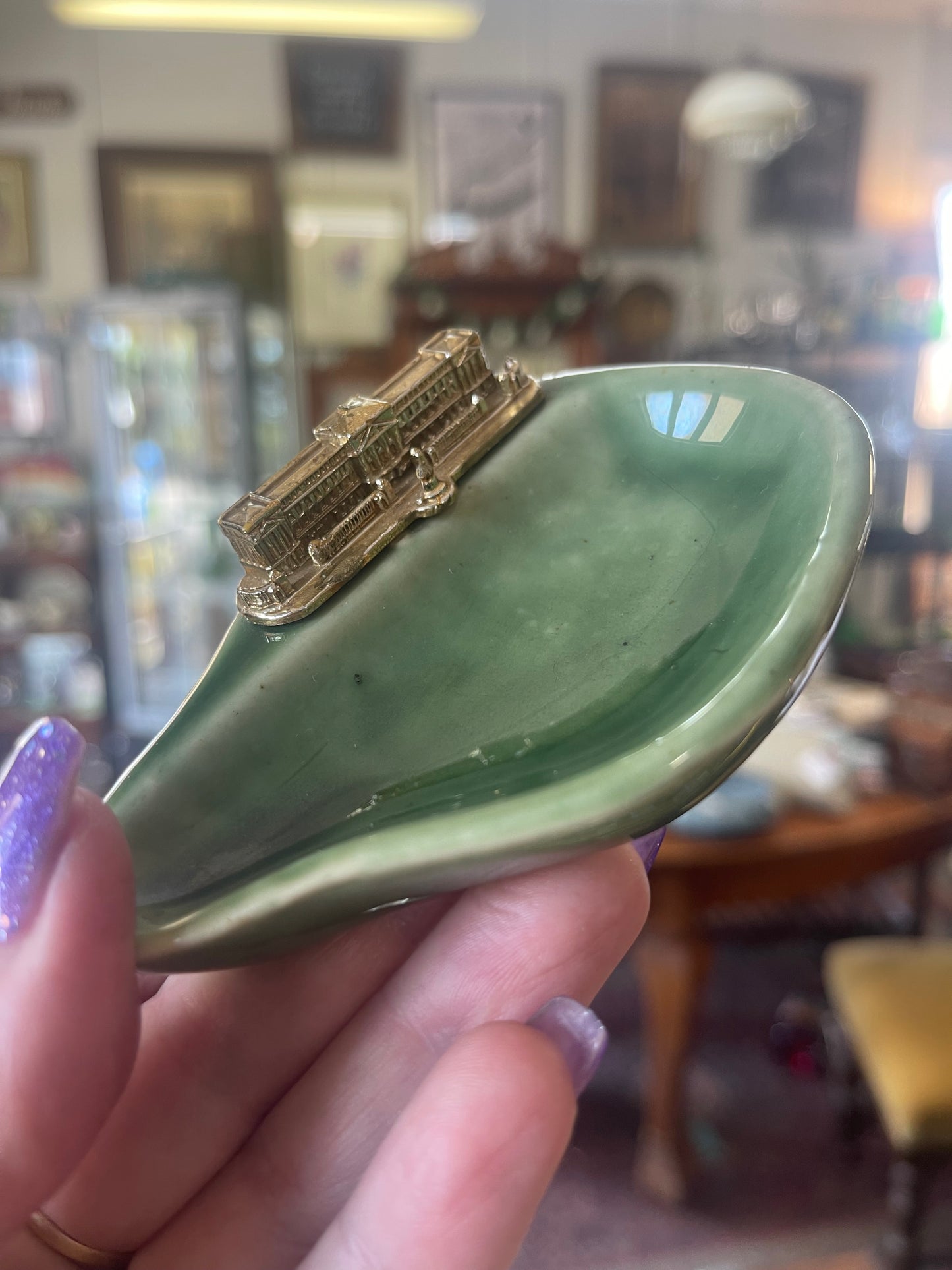 Small green WADE POTTERY pin dish with Palace