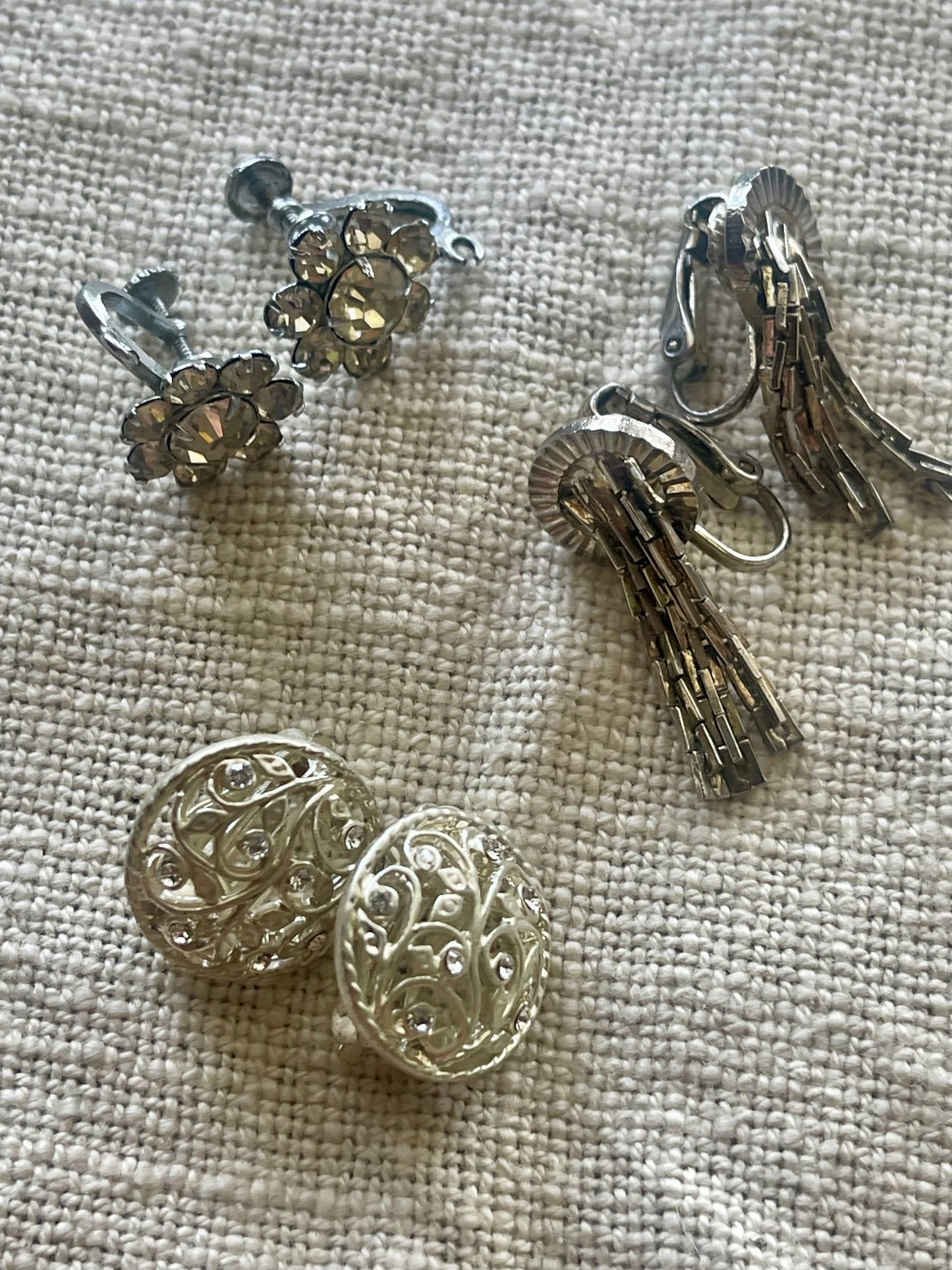 Vintage Rhinestone Clip-On Earrings – Set of 3 (Silver Tone Mix)