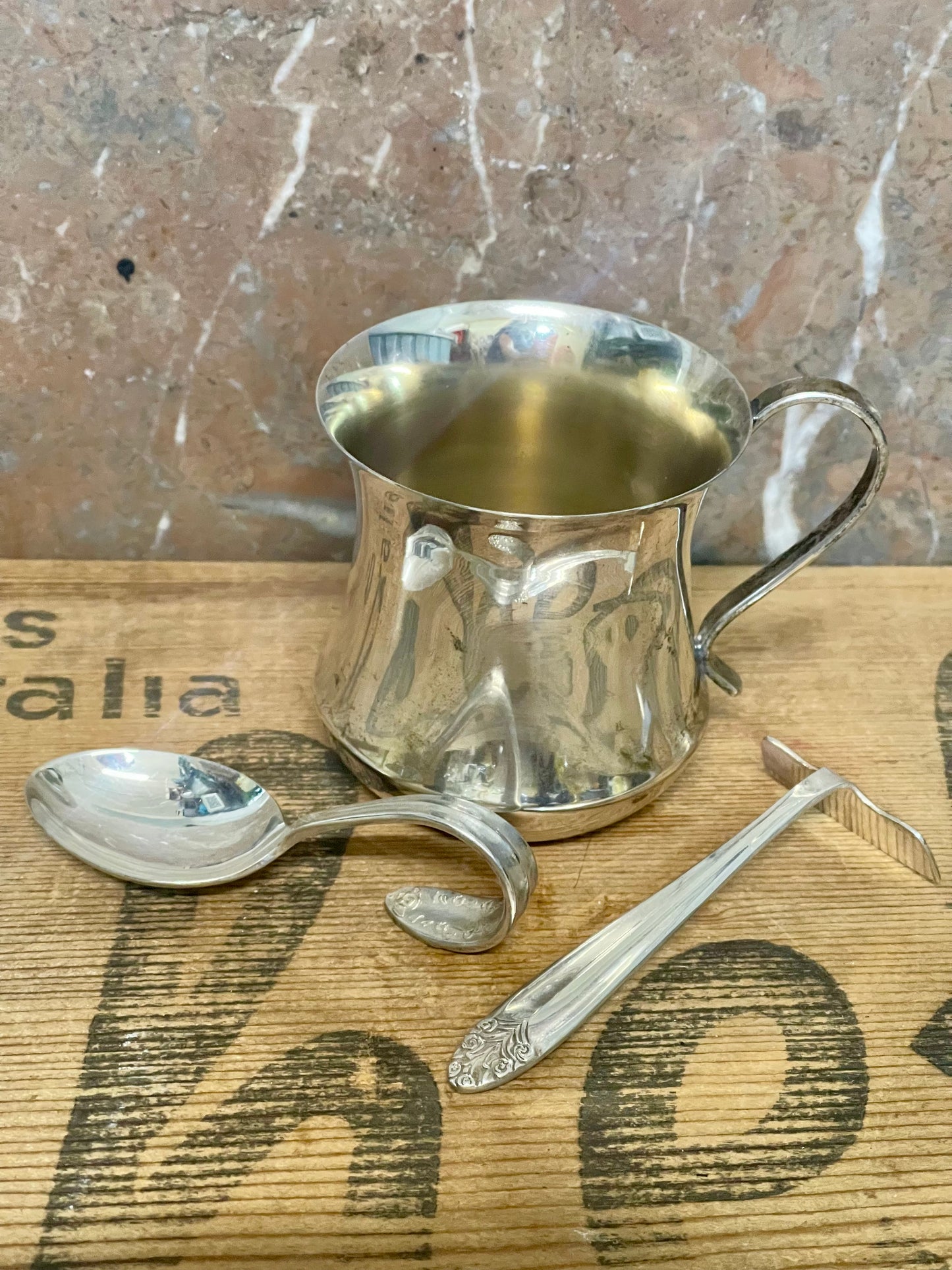 Vintage silver plate baby gift, mug, spoon and food pusher