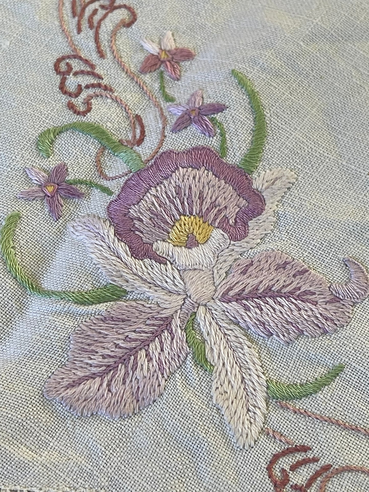 Vintage Hand-Embroidered Linen Doily Set with Orchid Motif & Crochet Lace