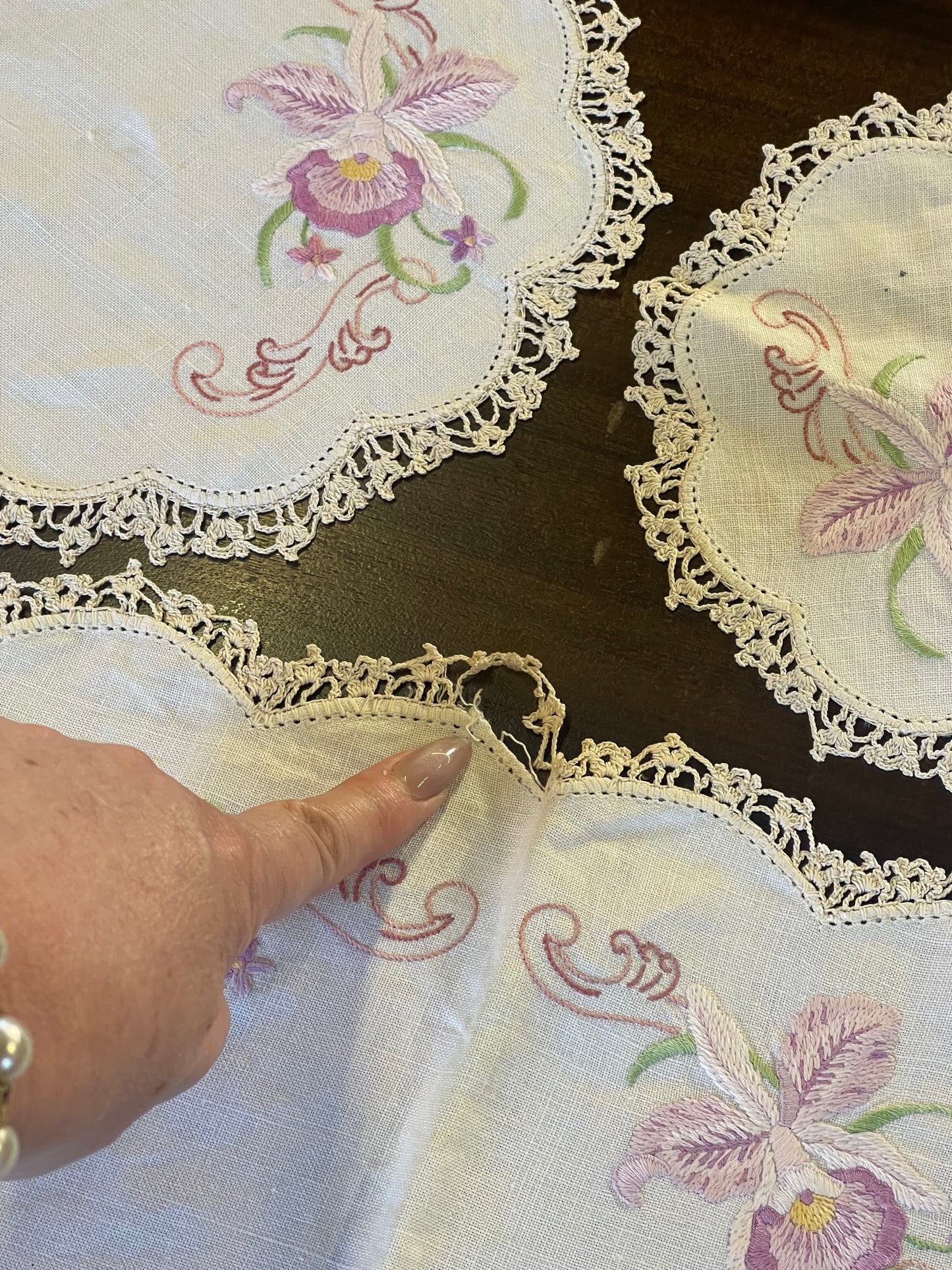 Vintage Hand-Embroidered Linen Doily Set with Orchid Motif & Crochet Lace